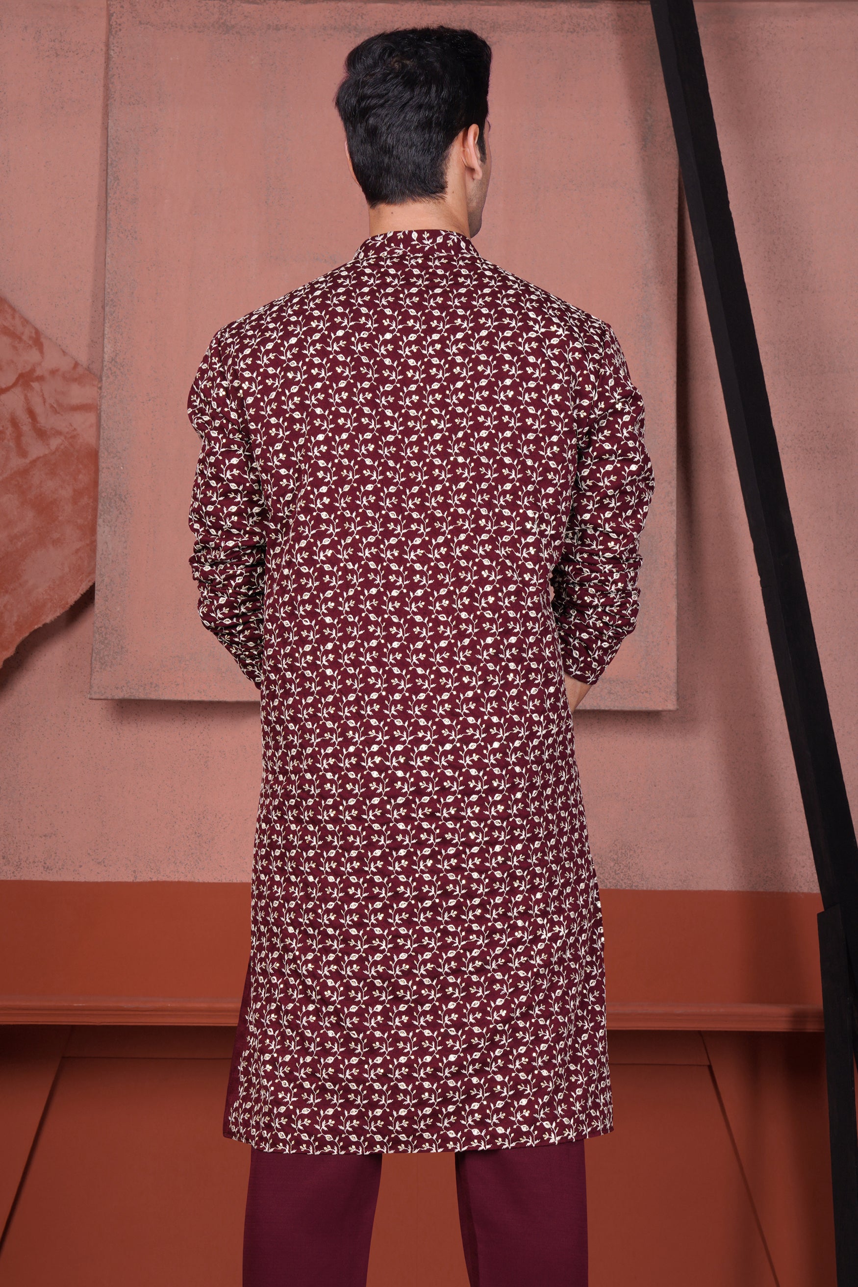 Mulberry Maroon Viscose Ditsy Embroidered With Tikki Work Designer Kurta