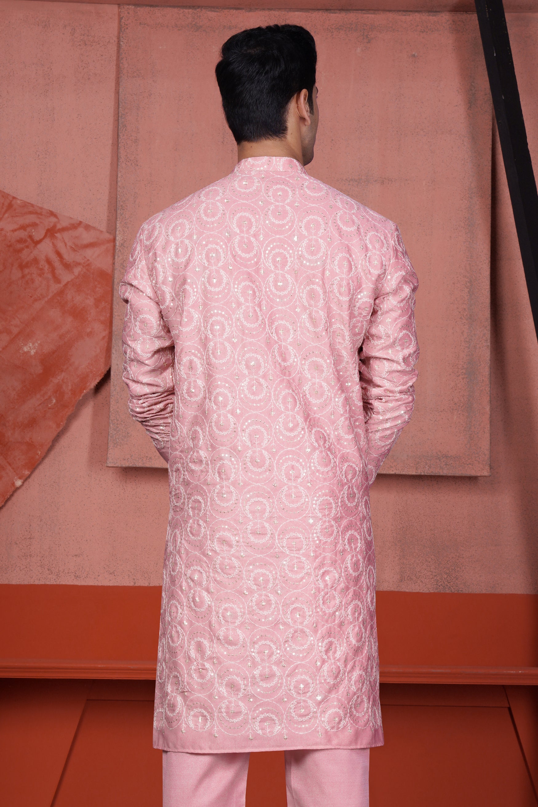 Careys Pink Circular Cotton Thread Embroidered Viscose Designer Kurta