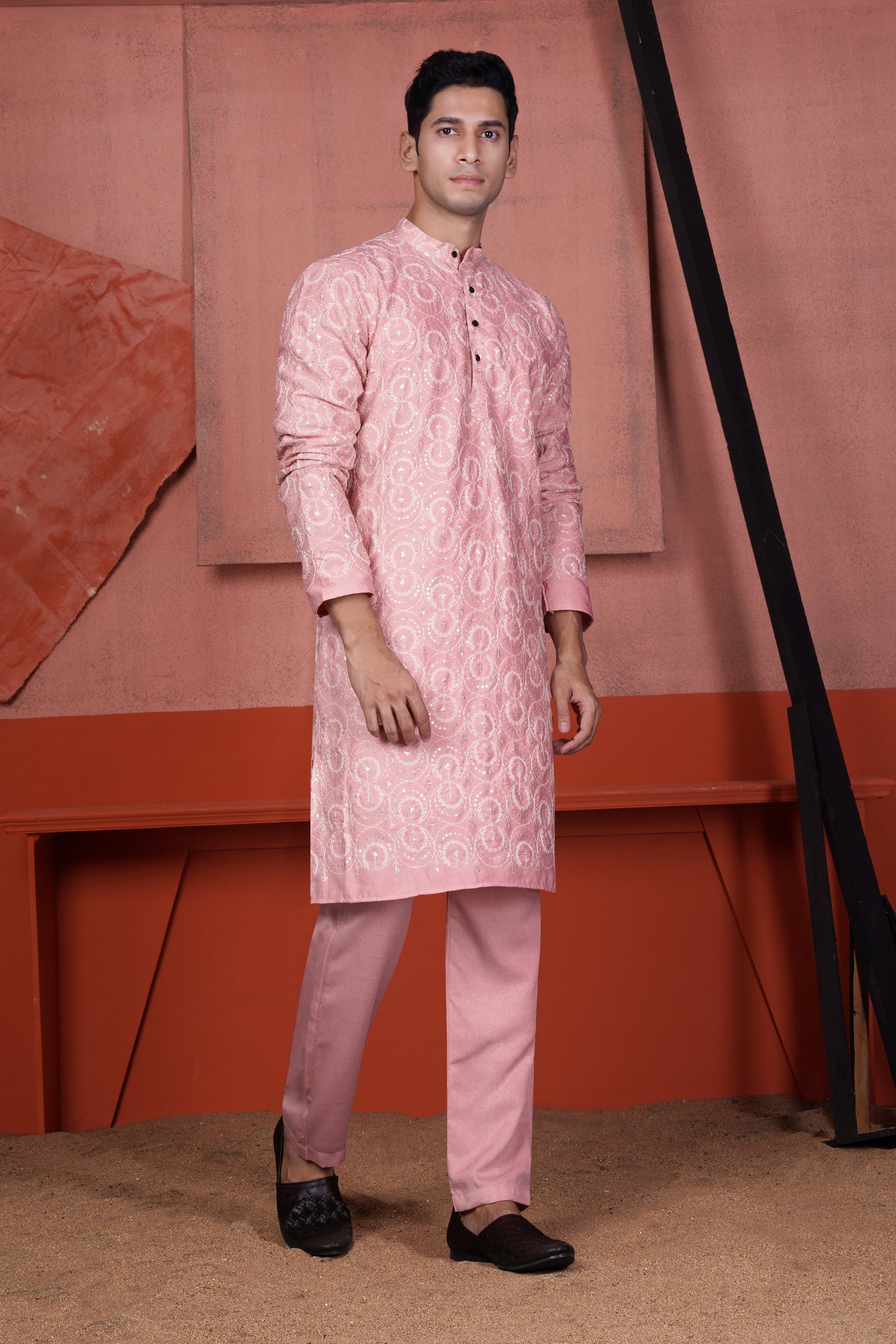 Careys Pink Circular Cotton Thread Embroidered Viscose Designer Kurta