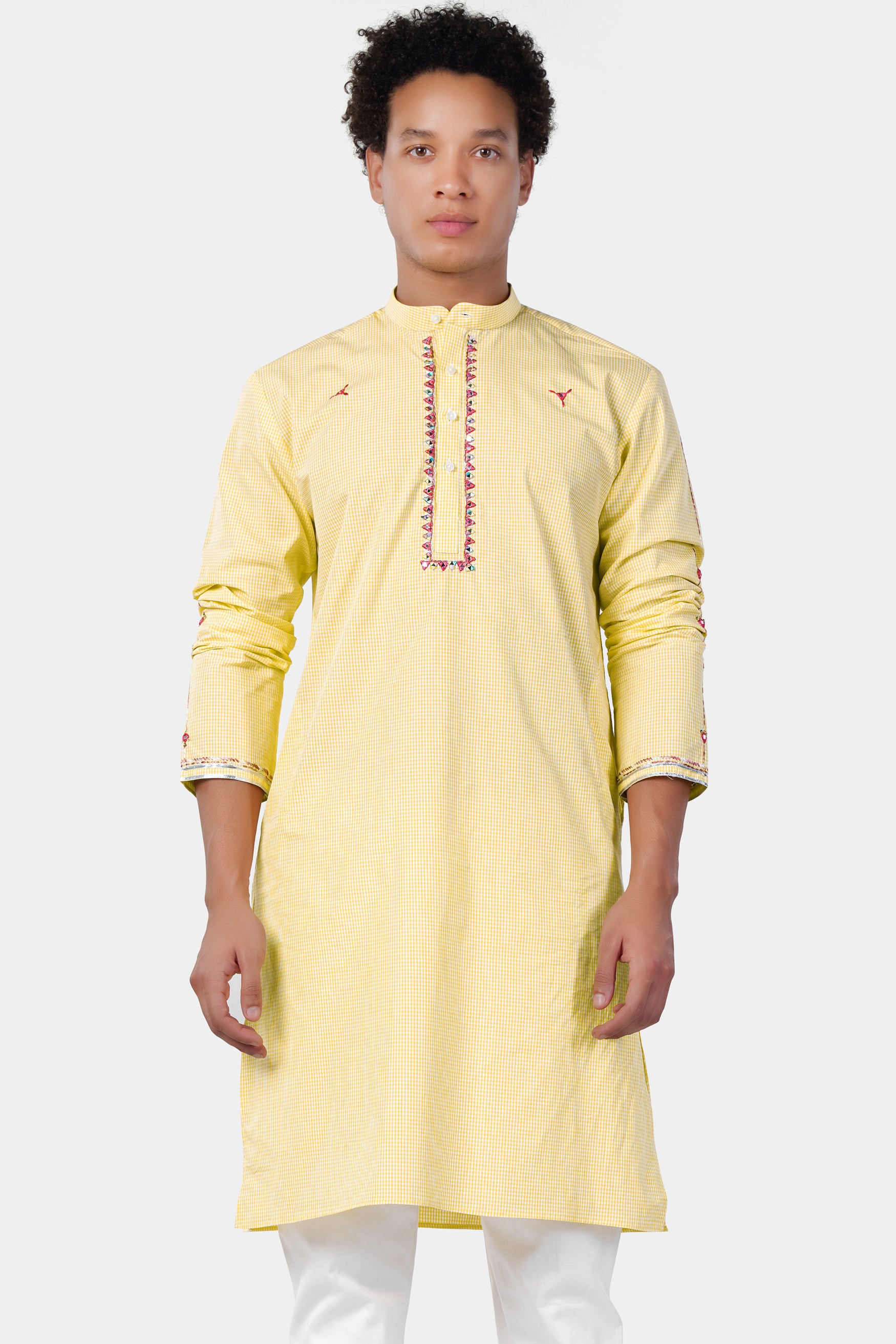 Brulee Yellow and White Gingham Checkered with Thread Embroidered and Mirror Work Premium Cotton Designer Kurta
