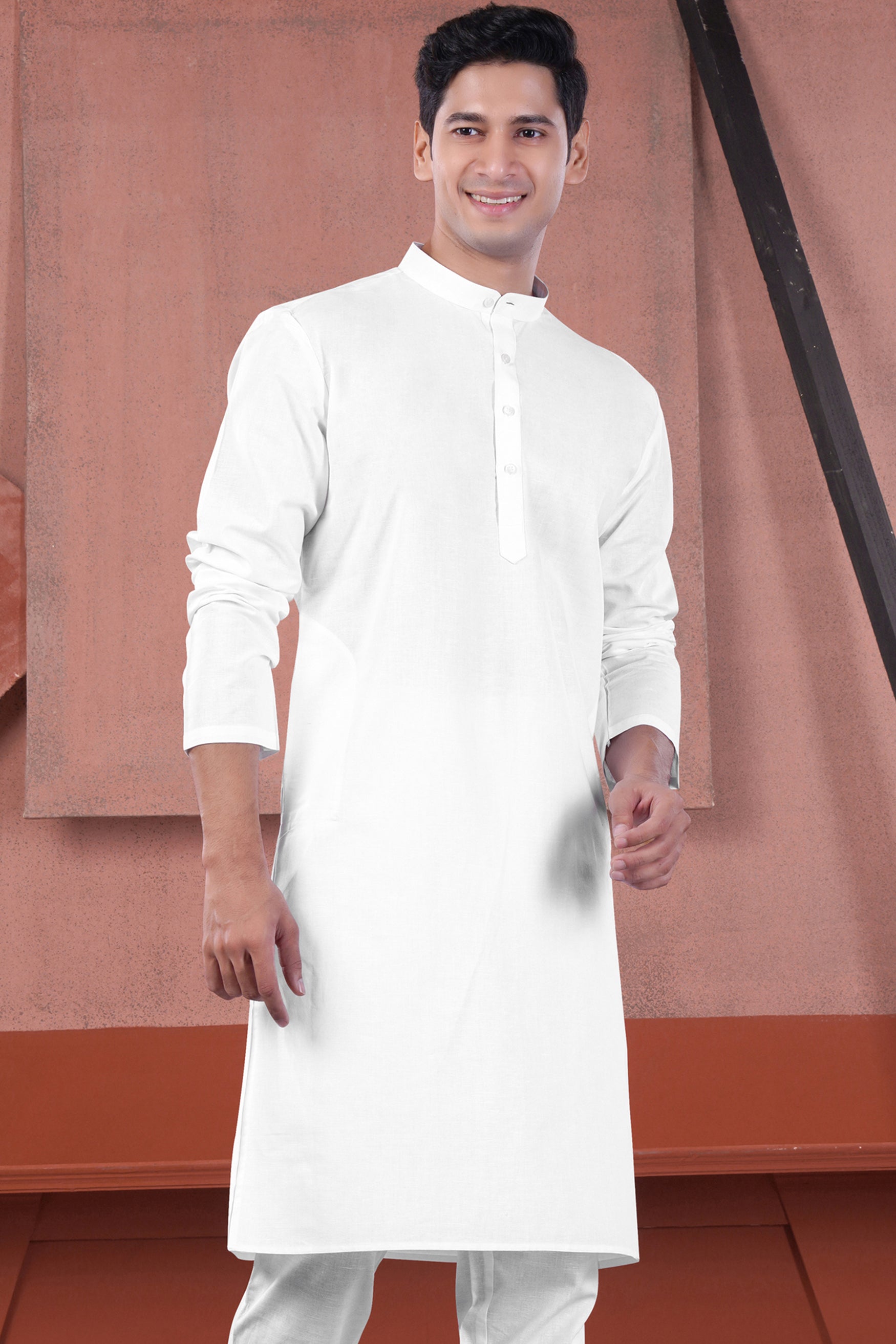 Bright White Textured Premium Linen Designer Kurta For Men