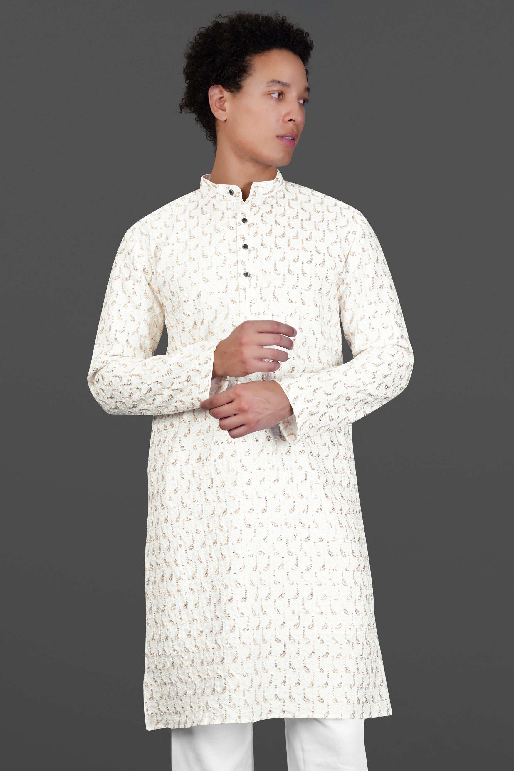 Bright White Leaves Pattern Sequin Embroidered Subtle Sheen Viscose Designer Kurta