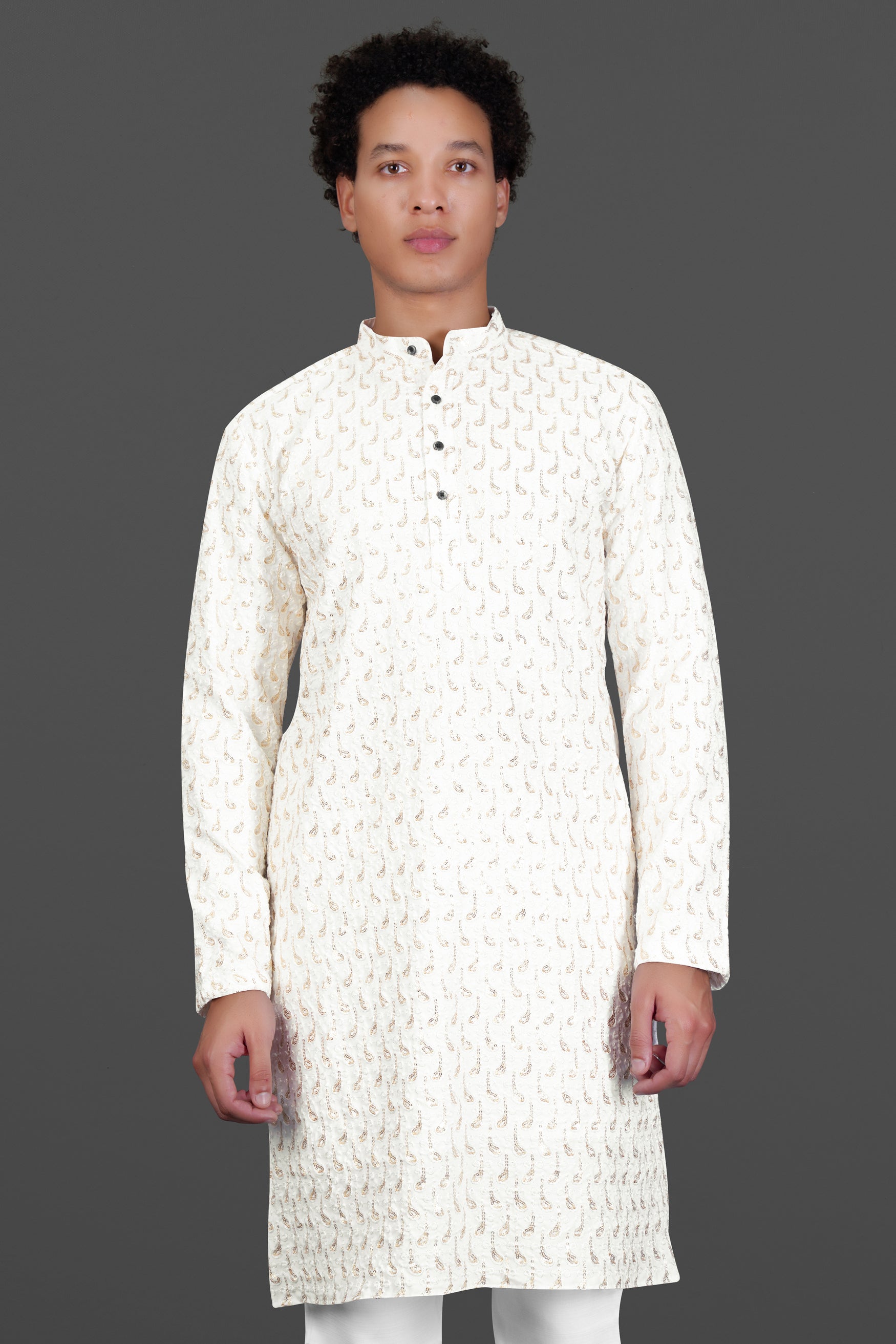 Bright White Leaves Pattern Sequin Embroidered Subtle Sheen Viscose Designer Kurta