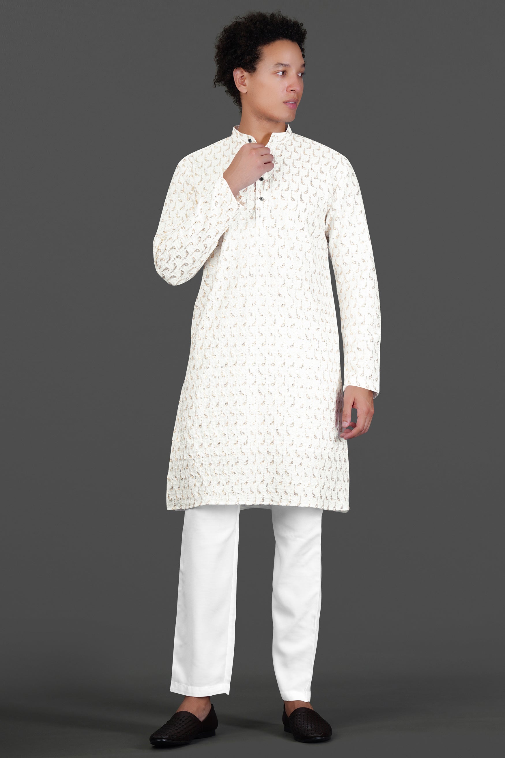 Bright White Leaves Pattern Sequin Embroidered Subtle Sheen Viscose Designer Kurta