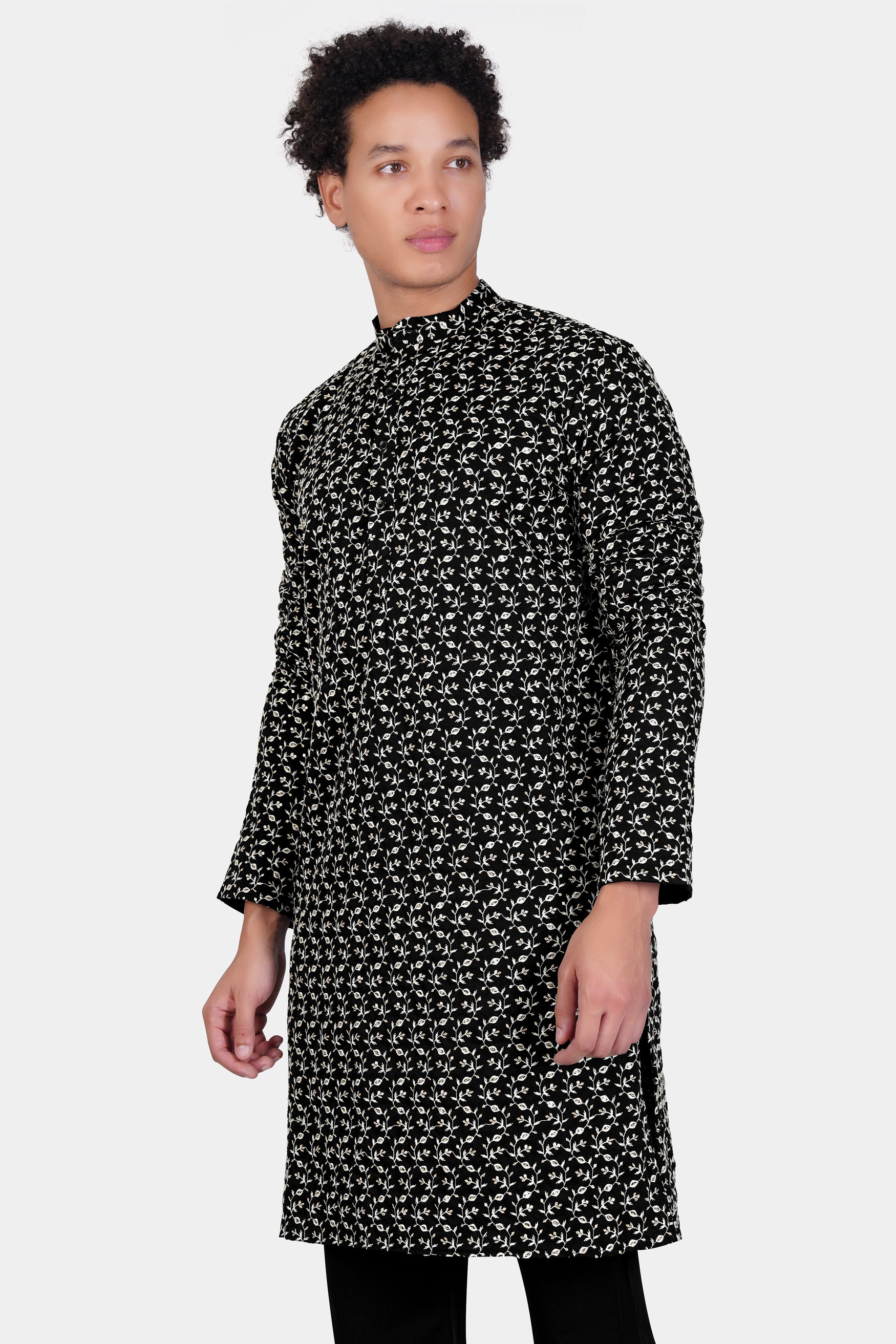 Jade Black Ditsy Pattern Thread and Sequin Embroidered Subtle Sheen Viscose Designer Kurta