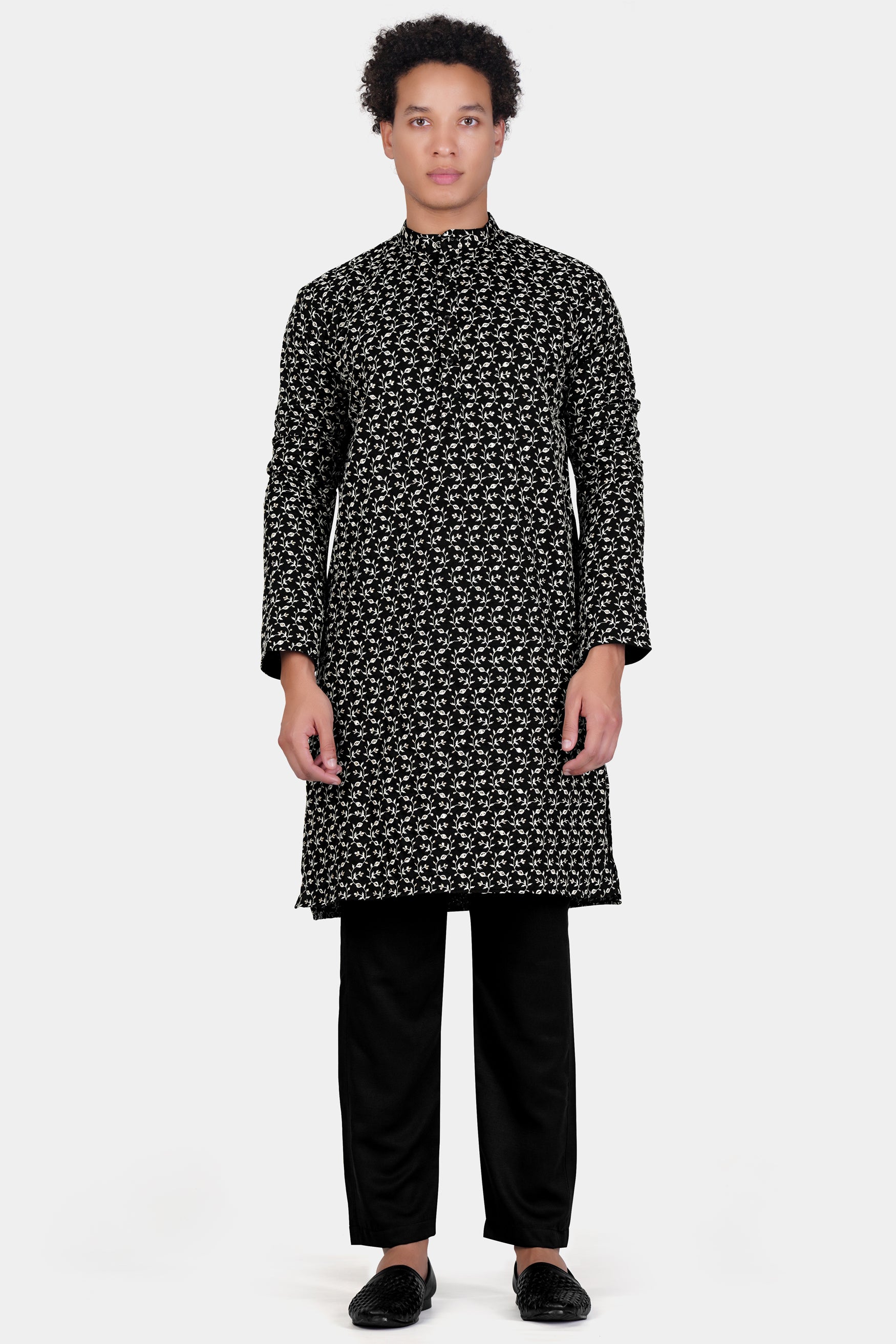 Jade Black Ditsy Pattern Thread and Sequin Embroidered Subtle Sheen Viscose Designer Kurta