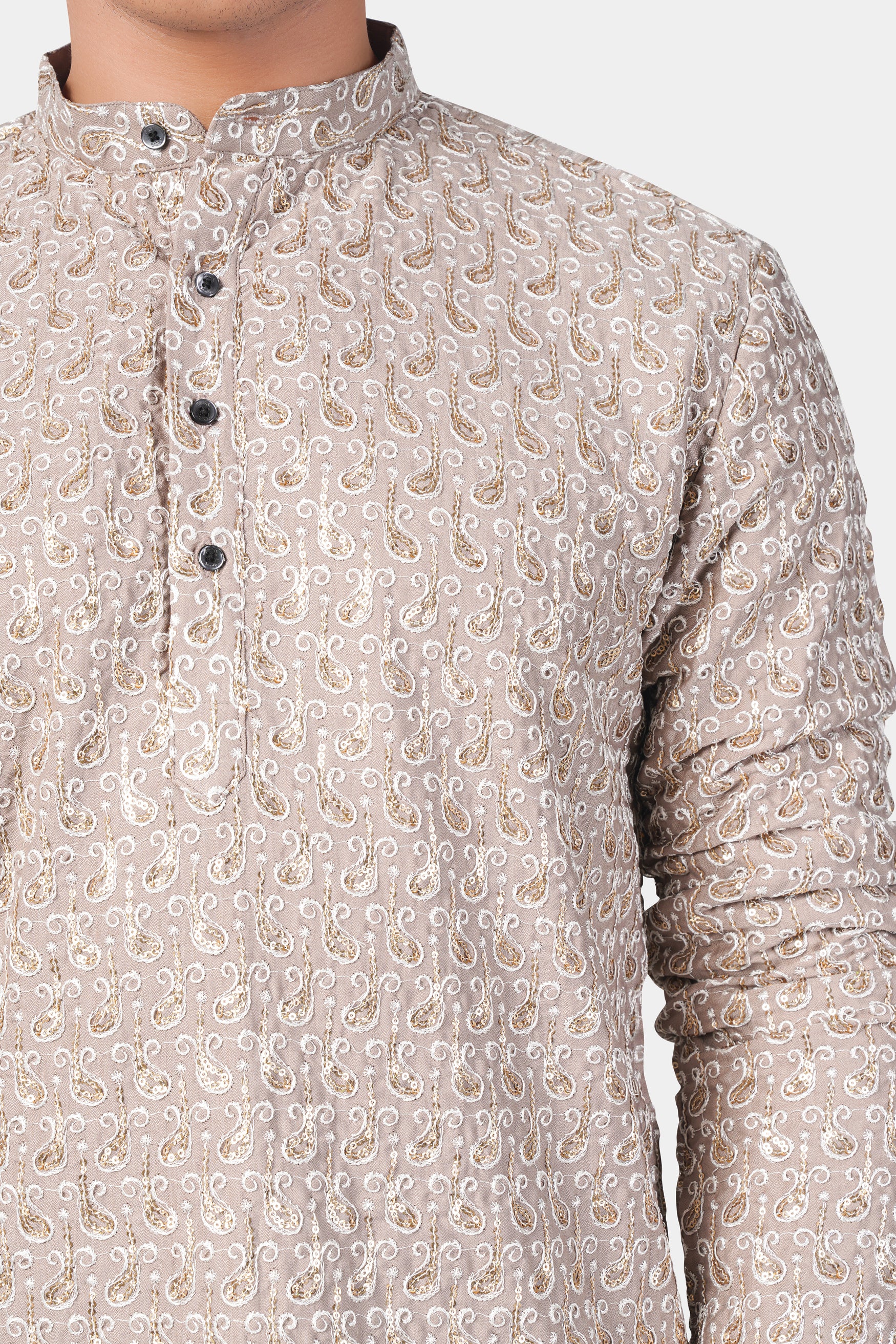 Foggy Brown Paisley Pattern Thread and Sequin Embroidered Subtle Sheen Viscose Designer Kurta