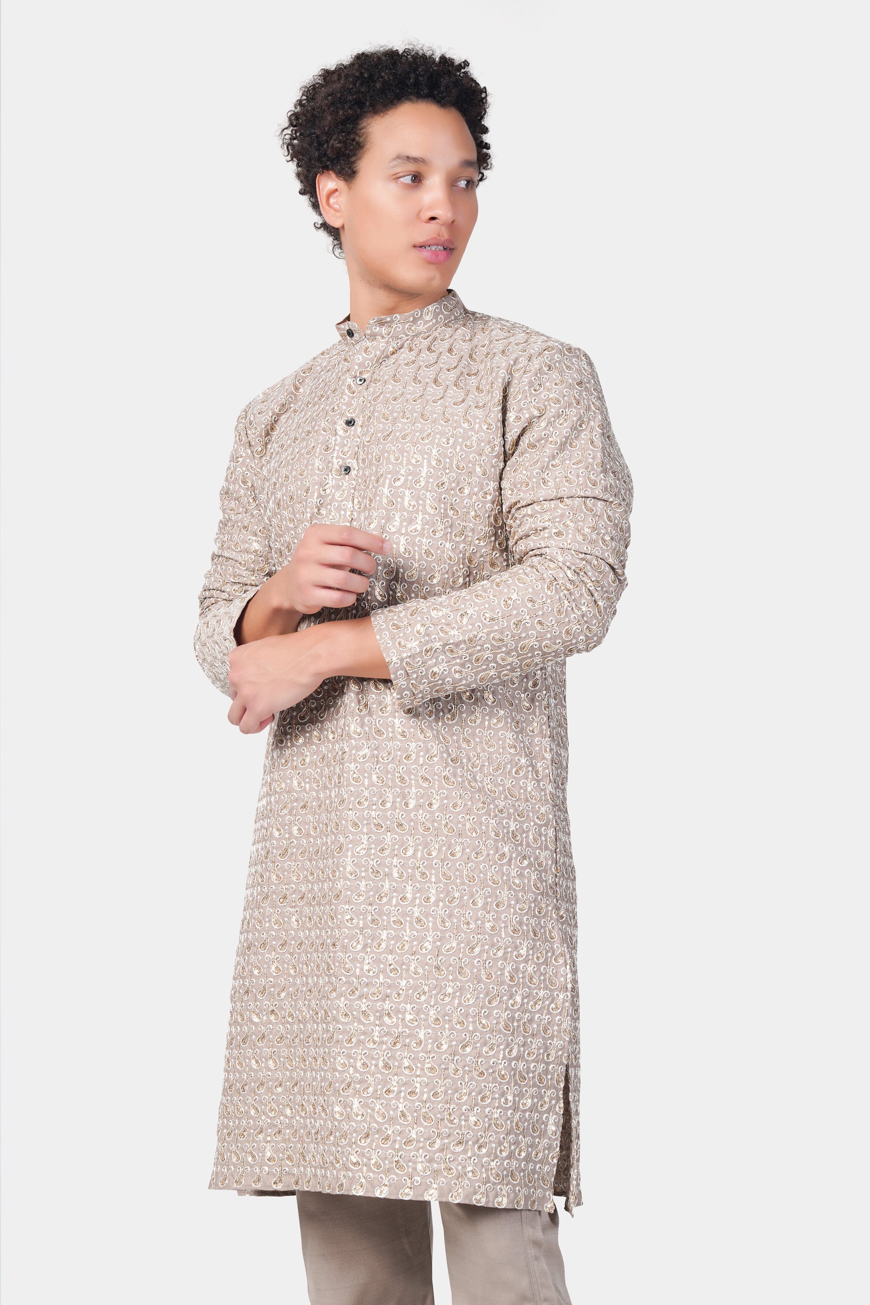 Foggy Brown Paisley Pattern Thread and Sequin Embroidered Subtle Sheen Viscose Designer Kurta