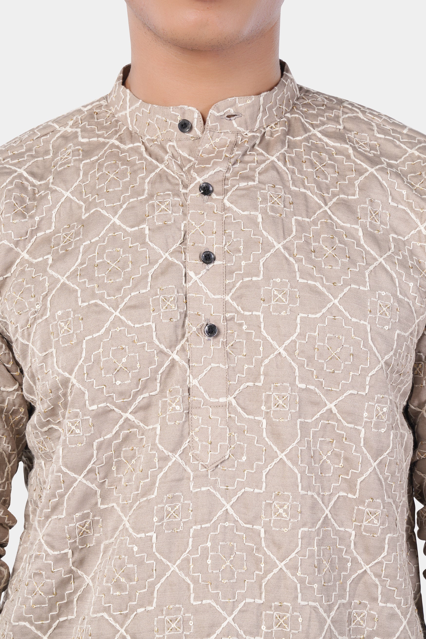 Chalice Brown and White Trellis Pattern Thread and Sequin Embroidered Subtle Sheen Viscose Designer Kurta