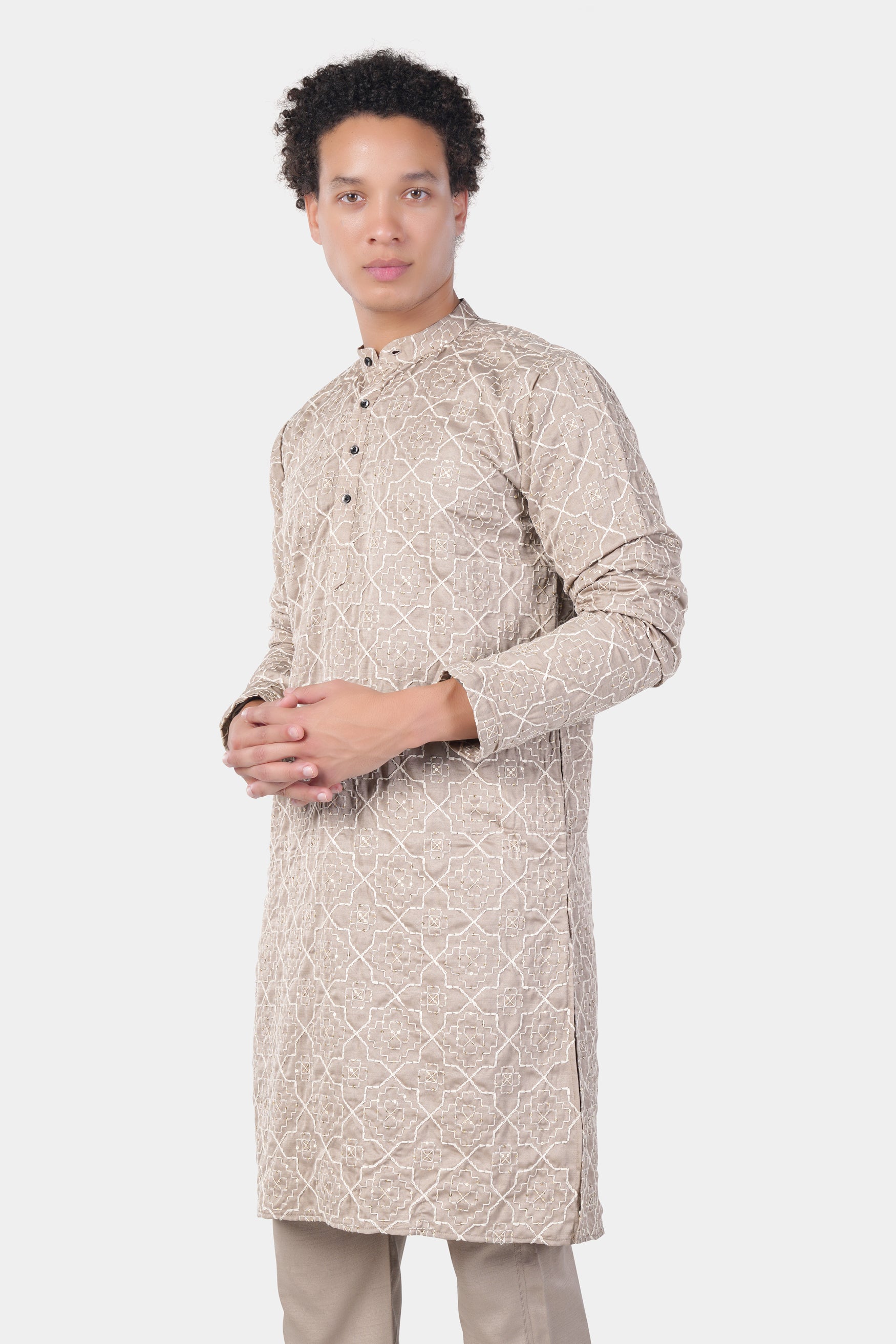 Chalice Brown and White Trellis Pattern Thread and Sequin Embroidered Subtle Sheen Viscose Designer Kurta