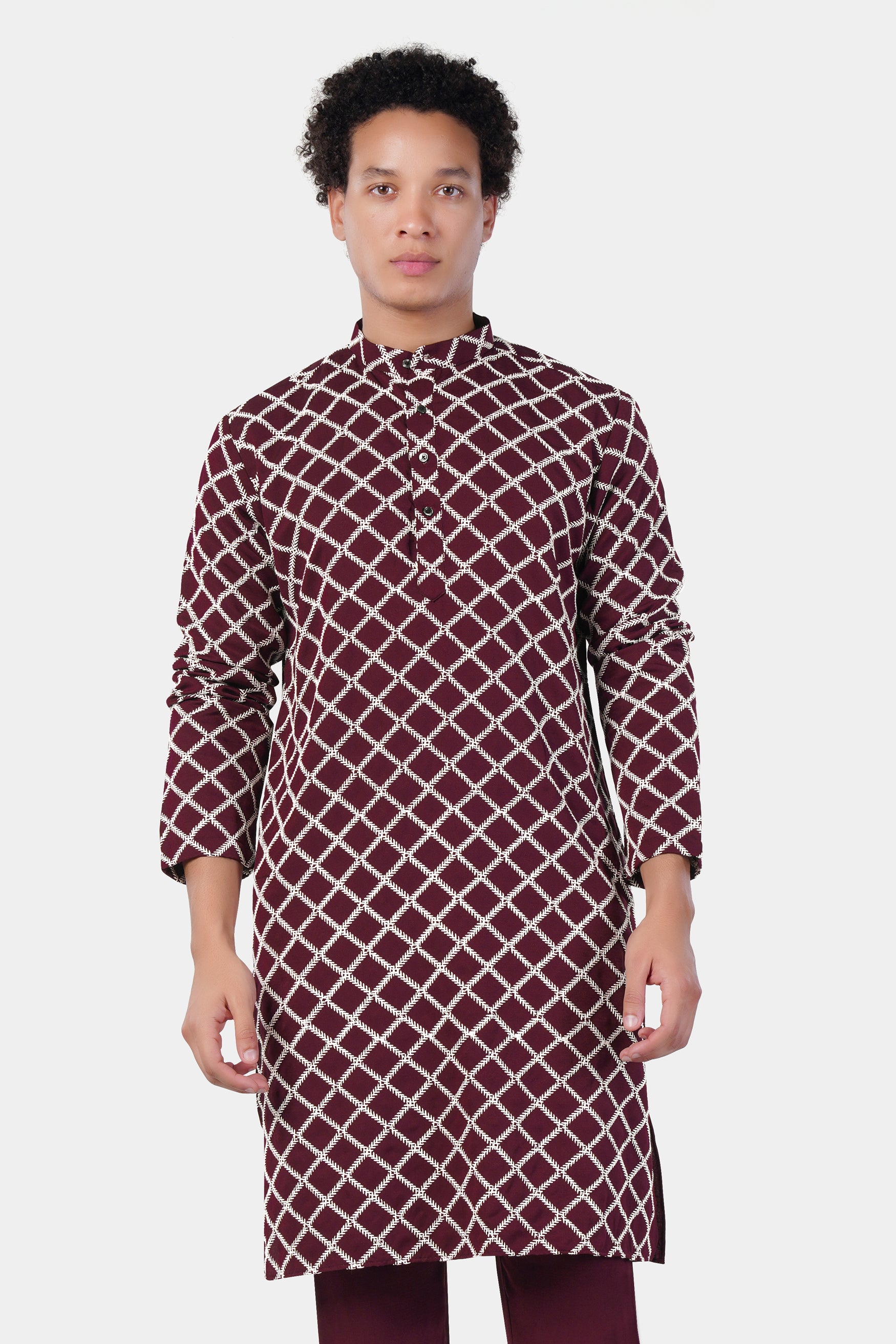 Aubergine Maroon and White Geometric Pattern Thread Embroidered Subtle Sheen Viscose Designer Kurta