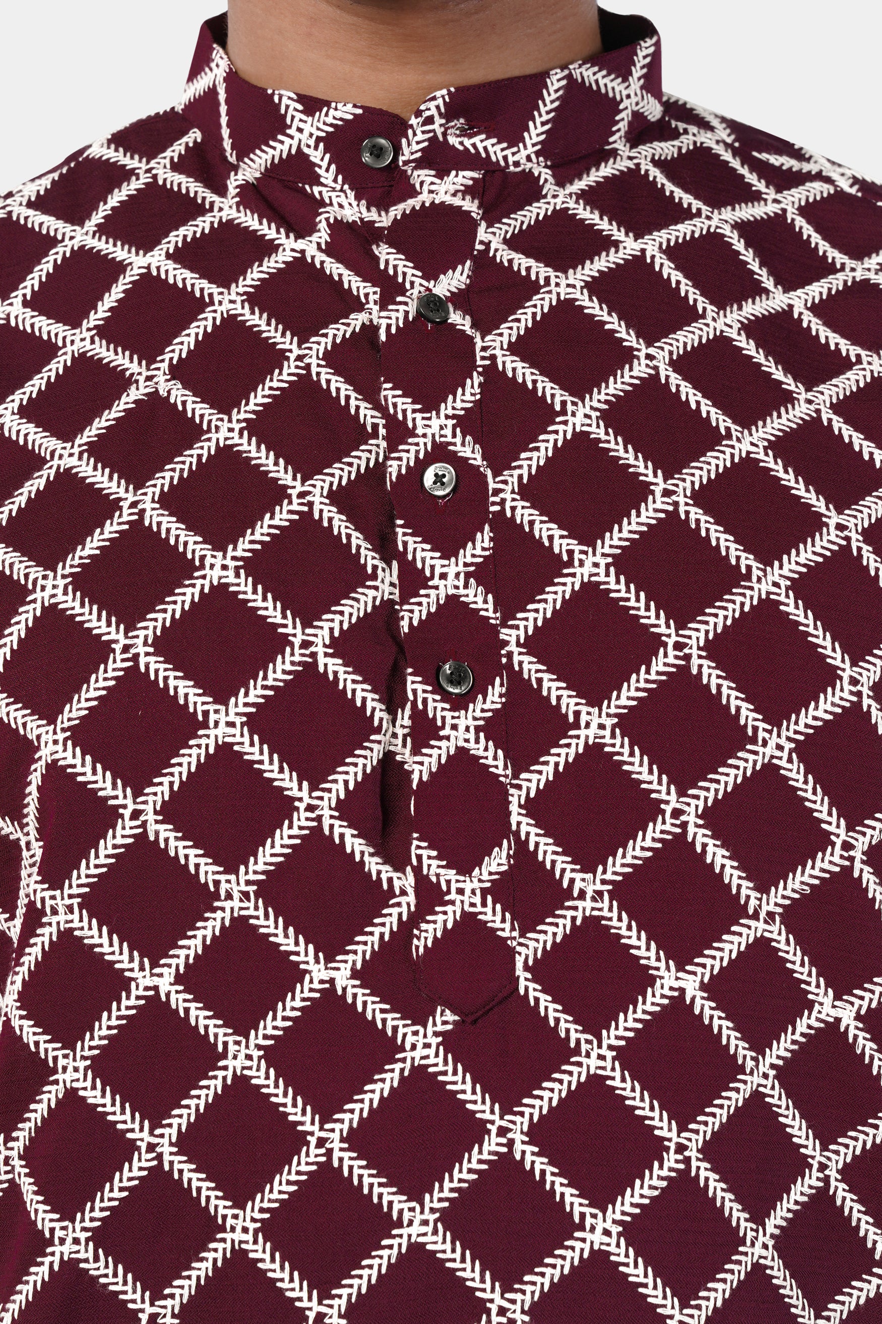 Aubergine Maroon and White Geometric Pattern Thread Embroidered Subtle Sheen Viscose Designer Kurta