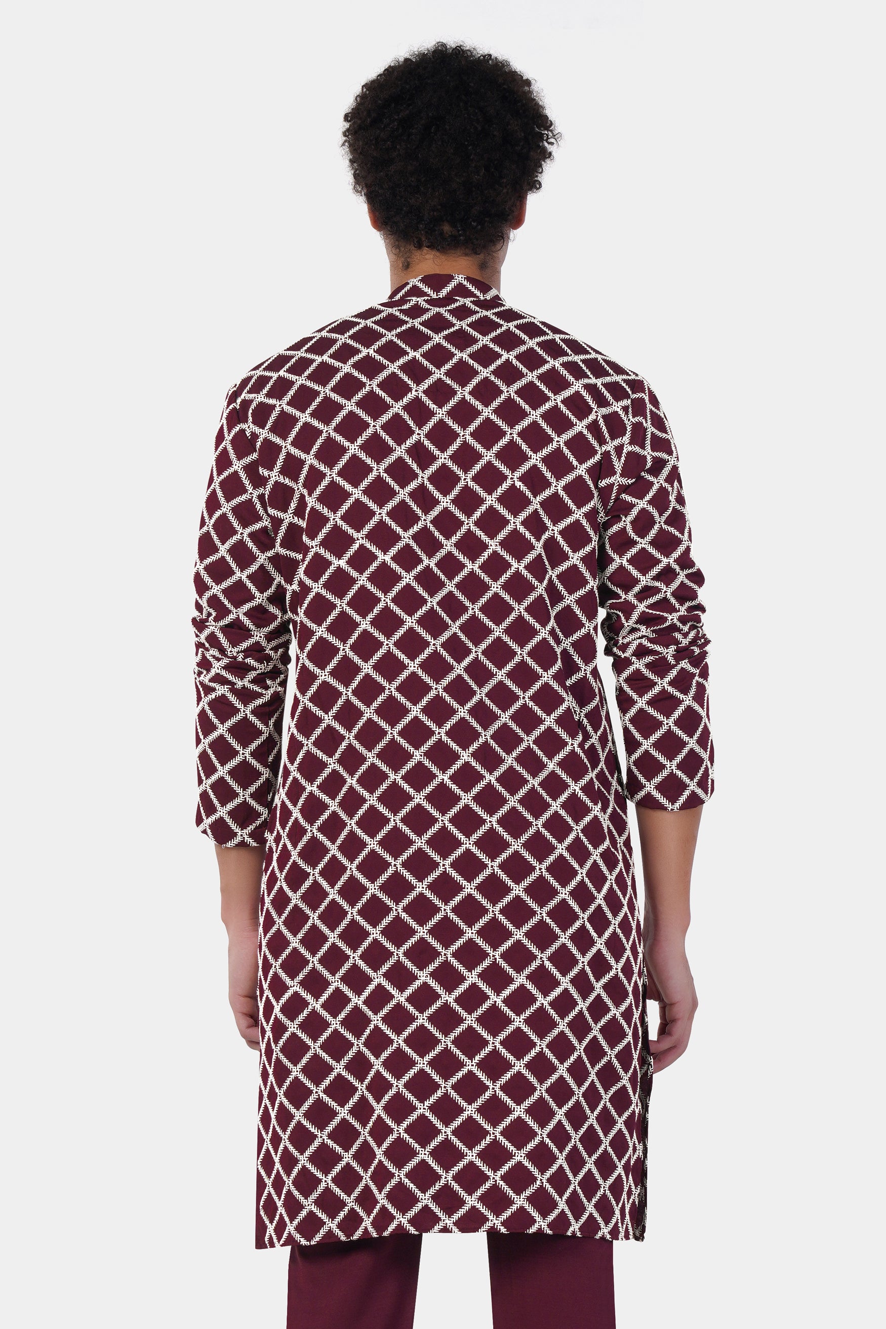 Aubergine Maroon and White Geometric Pattern Thread Embroidered Subtle Sheen Viscose Designer Kurta