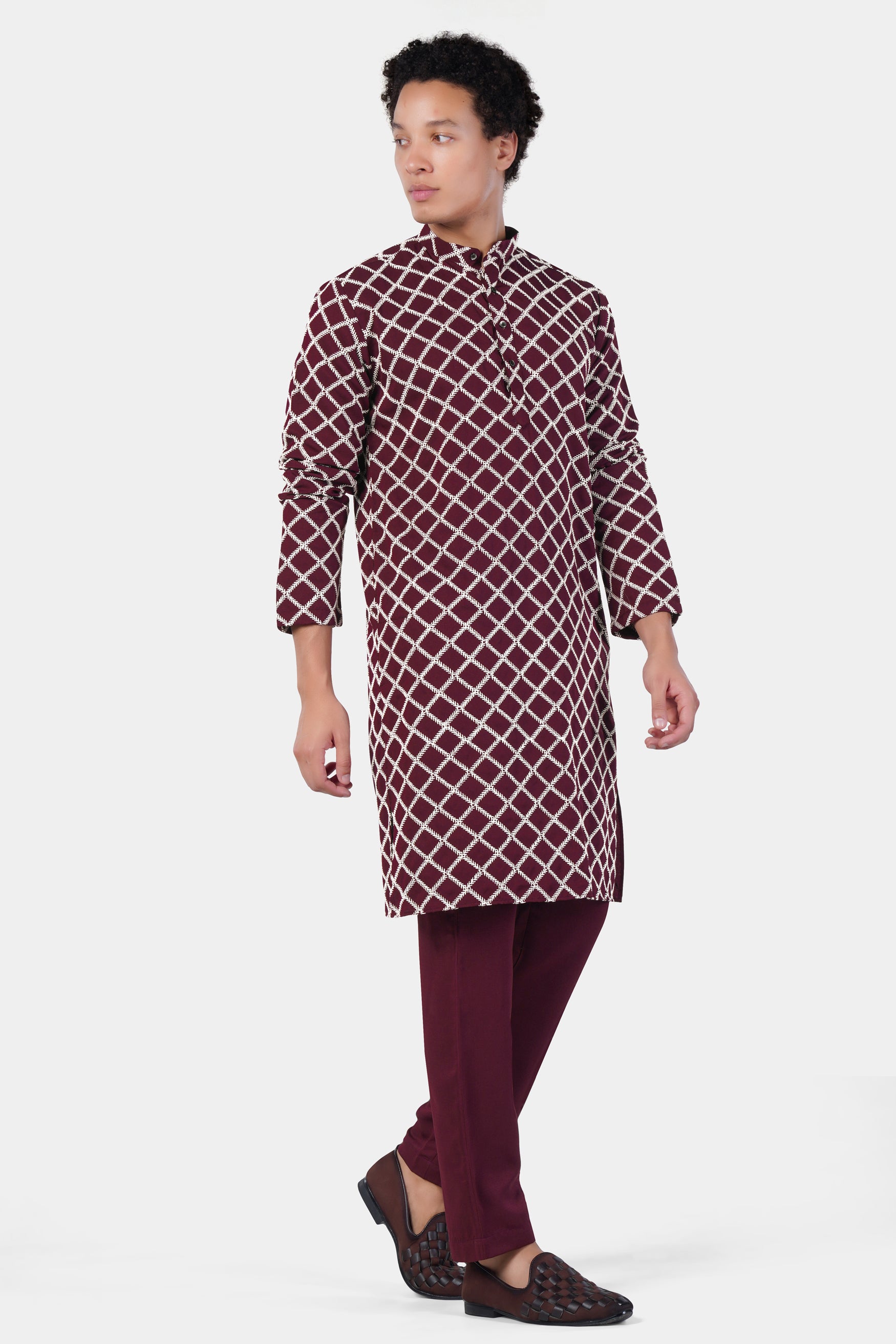 Aubergine Maroon and White Geometric Pattern Thread Embroidered Subtle Sheen Viscose Designer Kurta