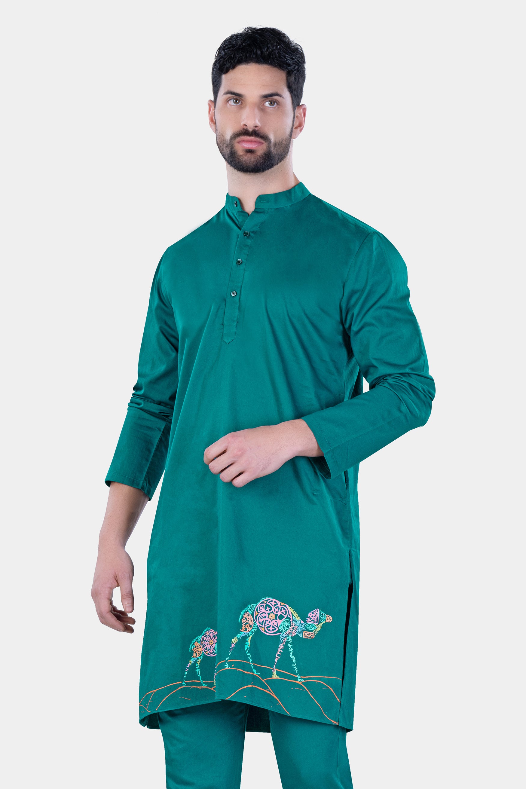 Aquamarine Green Camel Hand Painted Subtle Sheen Super Soft Premium Cotton Designer Kurta