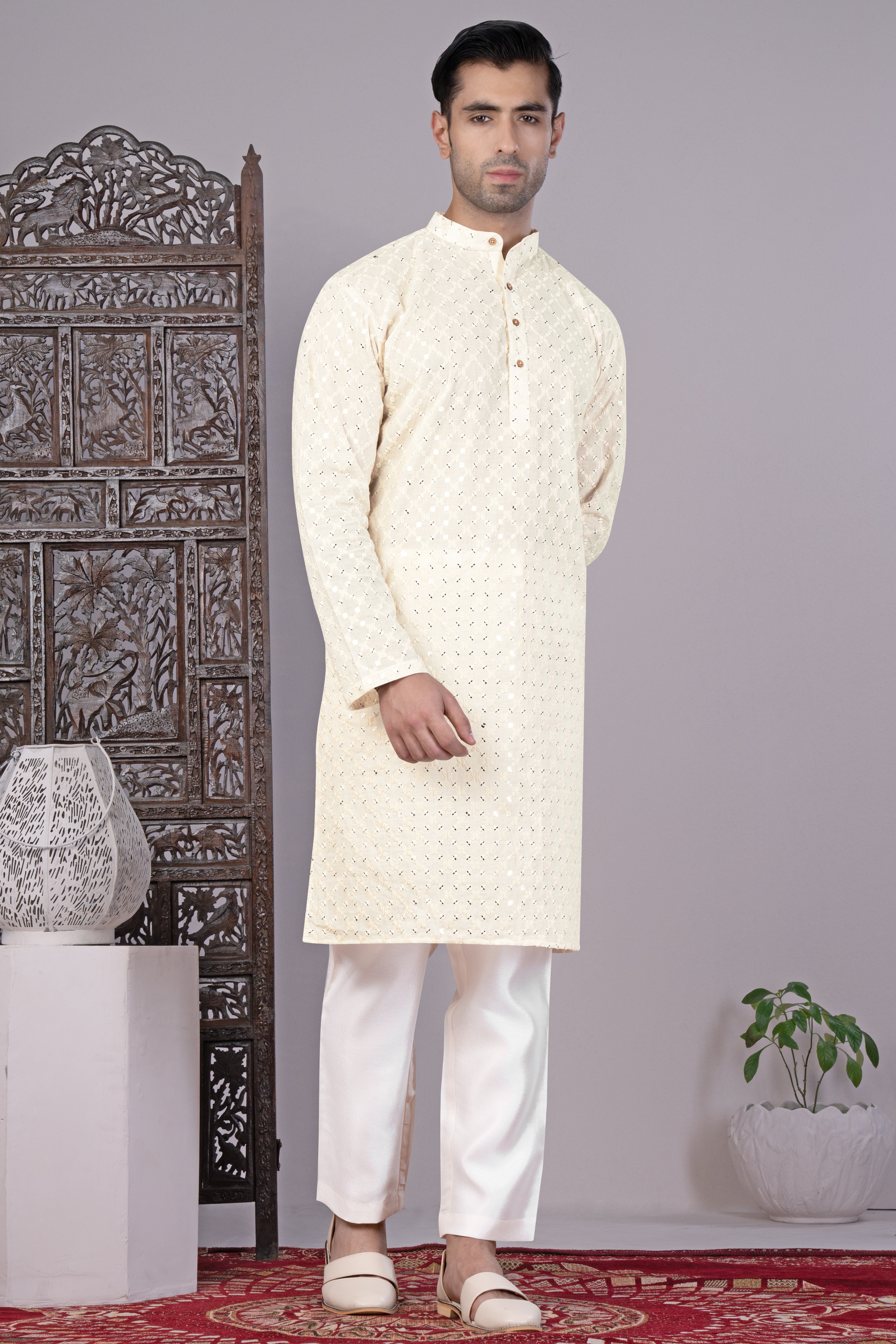 Bright White Geometric Thread and Sequin Embroidered Designer Kurta