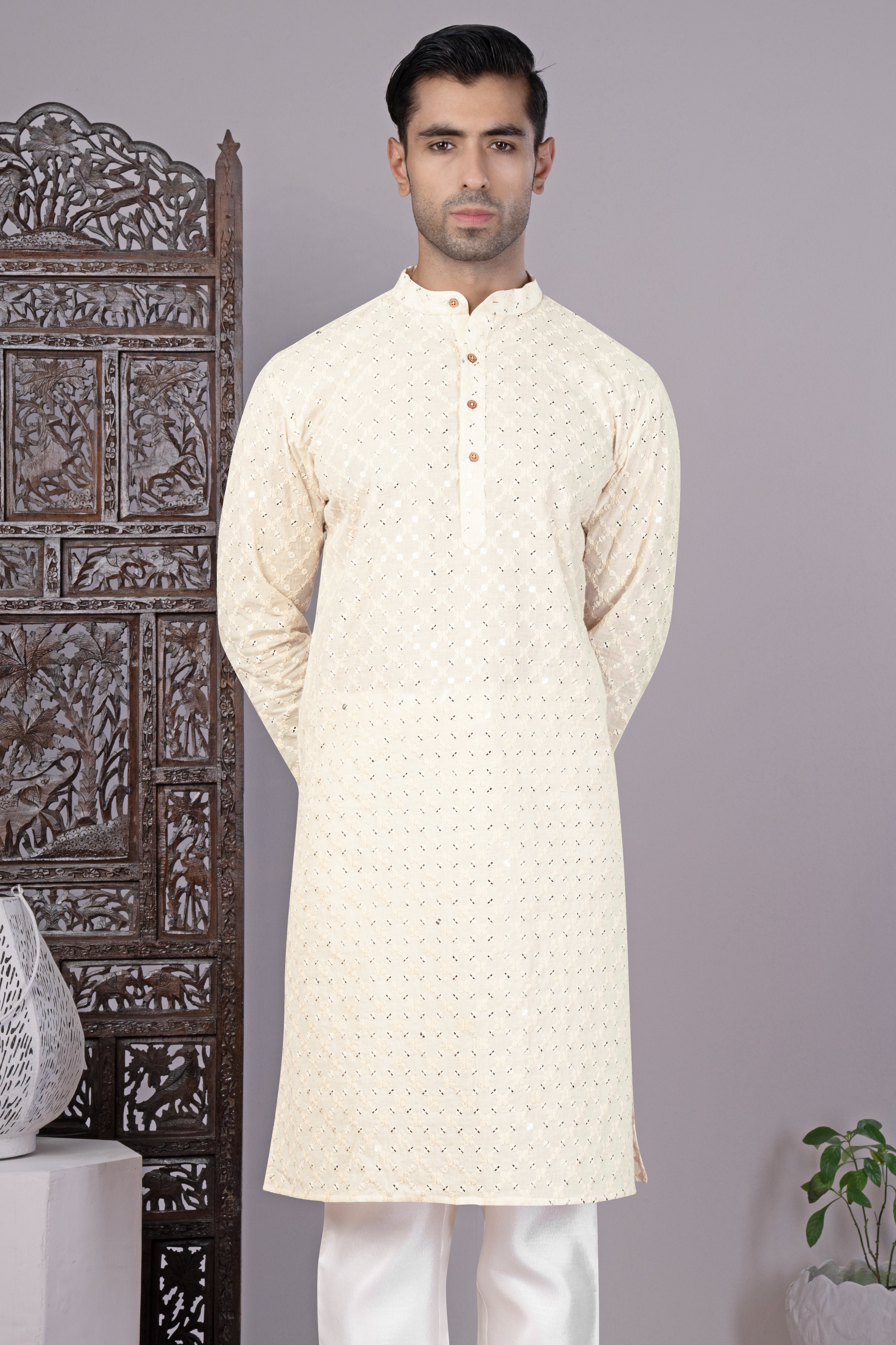 Bright White Geometric Thread and Sequin Embroidered Designer Kurta