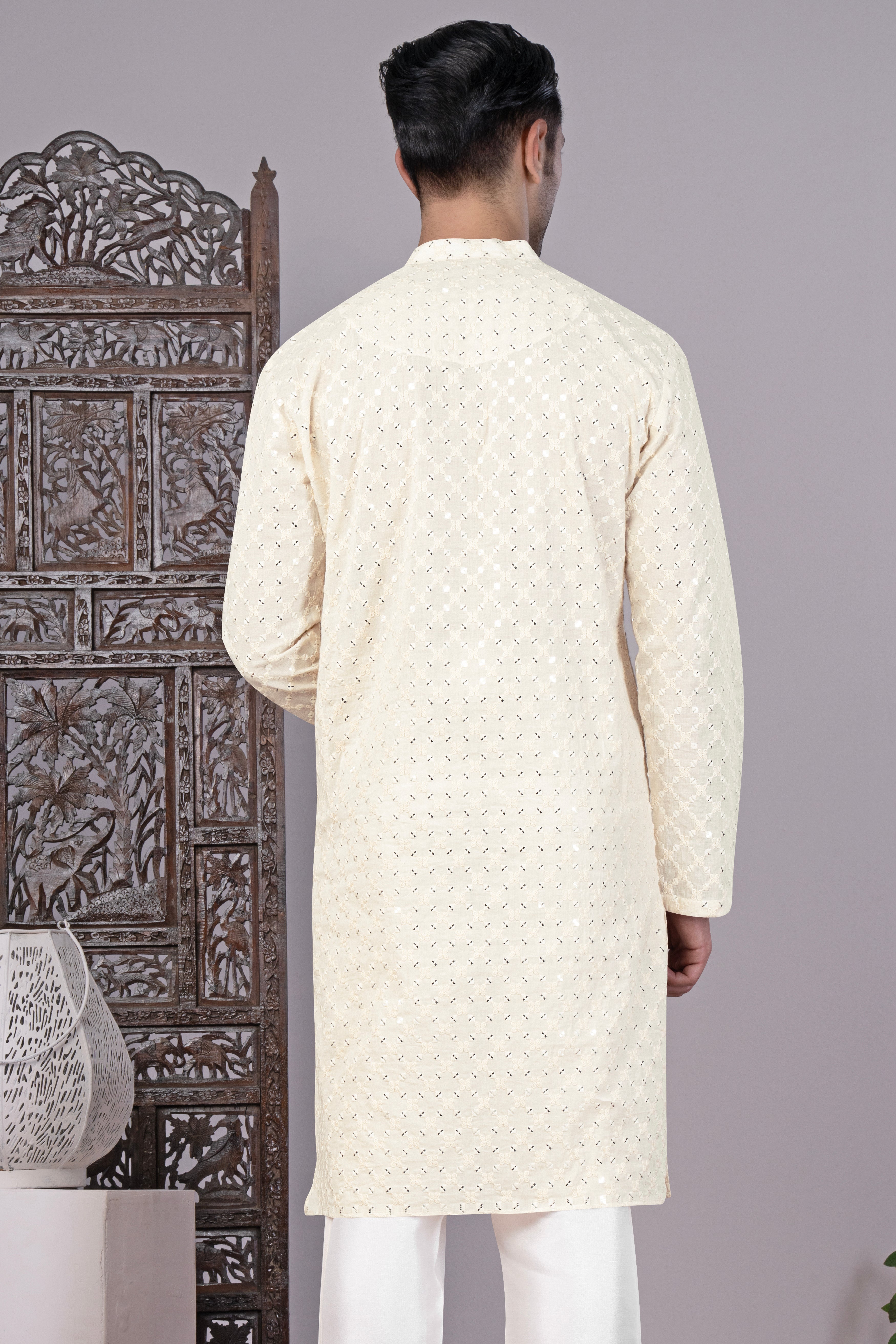 Bright White Geometric Thread and Sequin Embroidered Designer Kurta