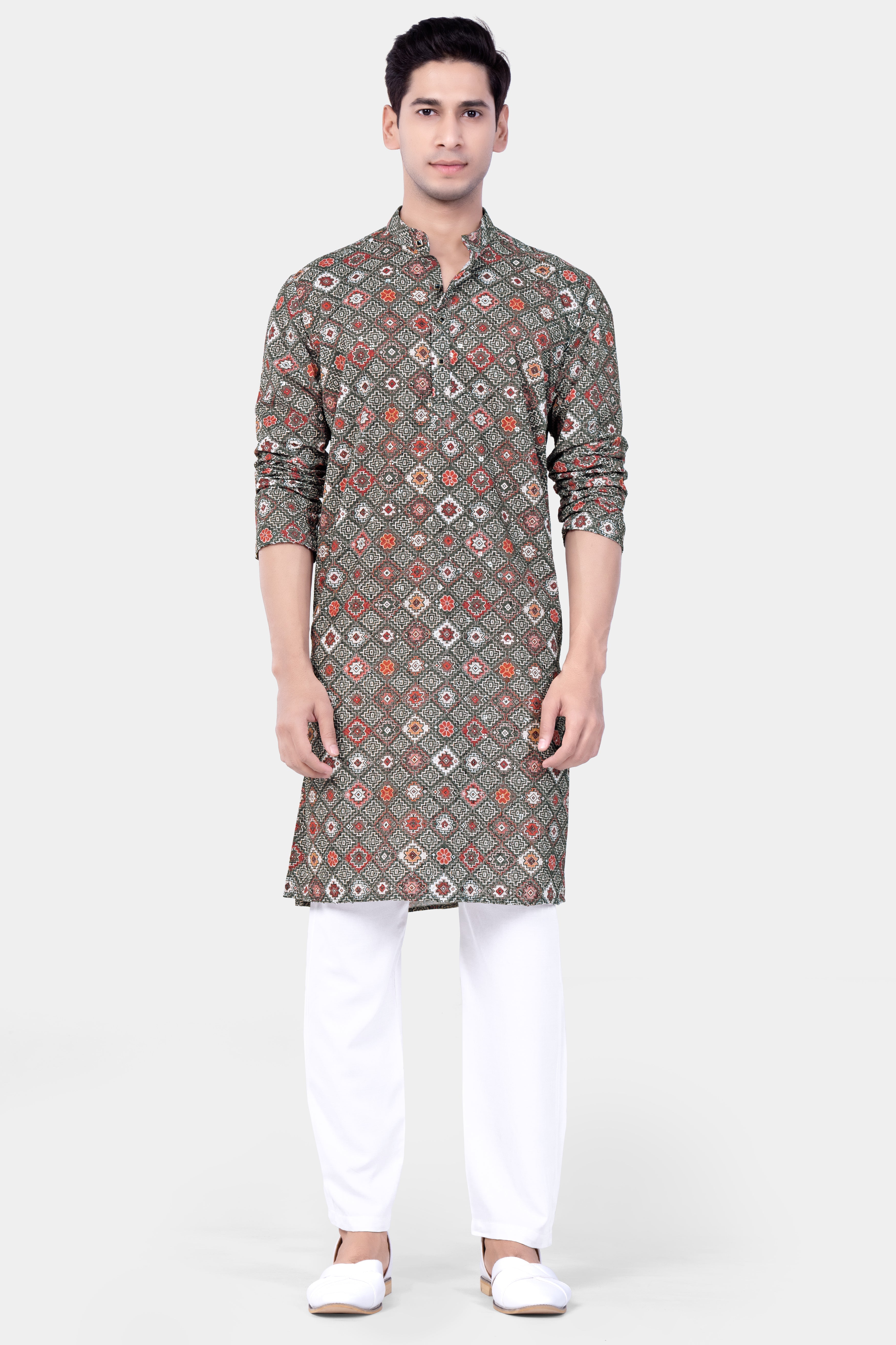 Ironside Green And Rosy Pink Multicolour Thread Embroidered Kurta