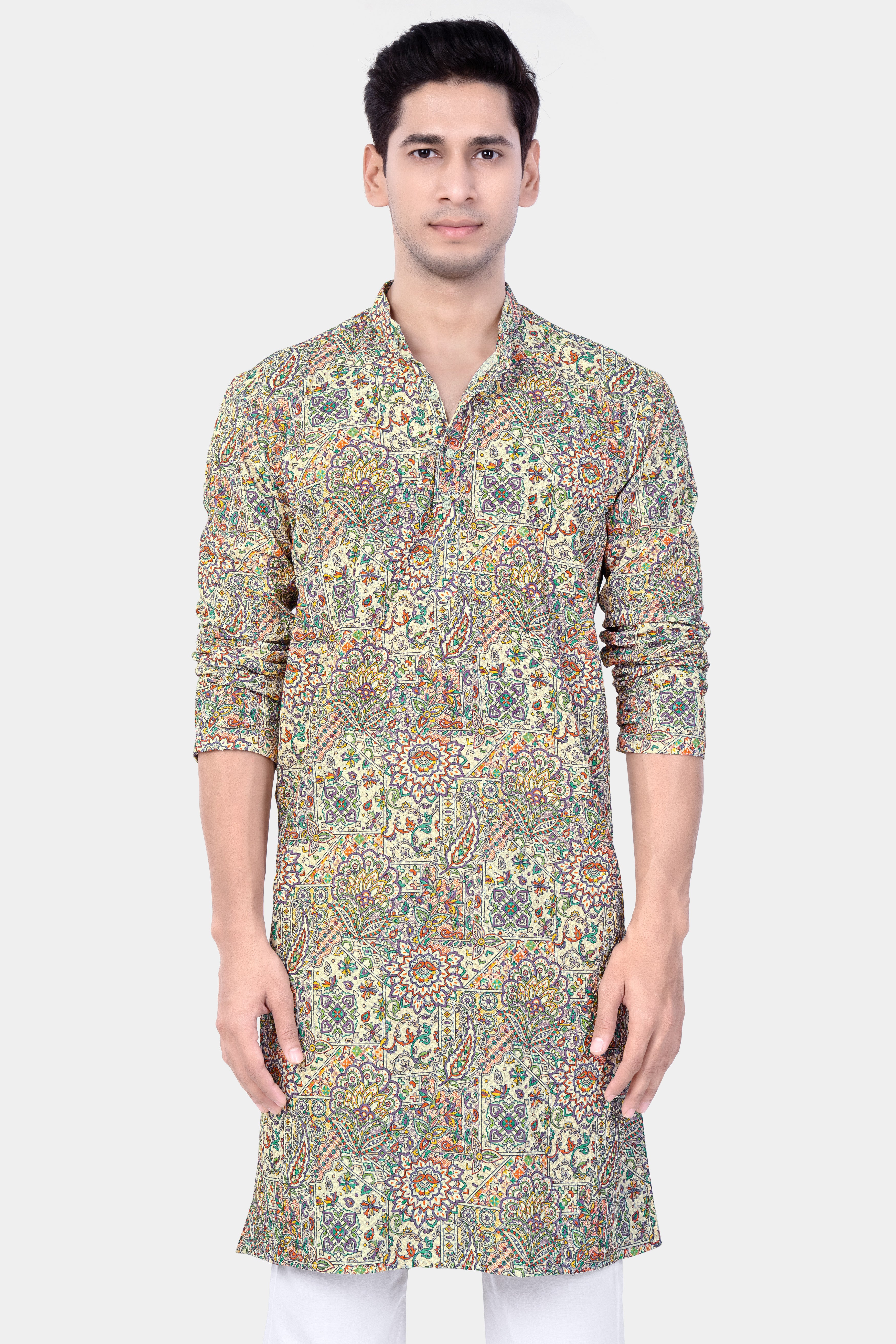 Eggshell Cream And Faded Purple MultiColour Embroidered Kurta