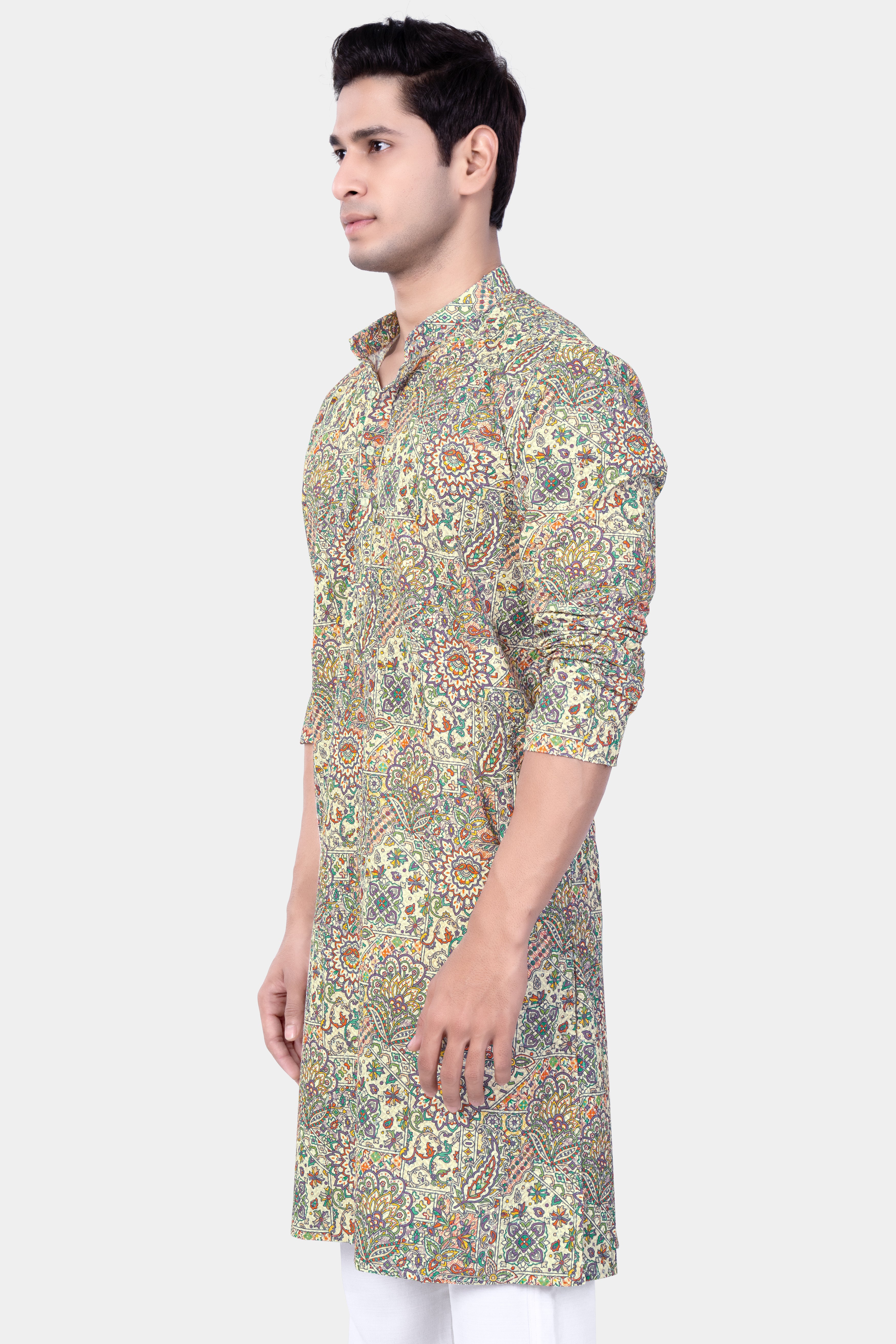 Eggshell Cream And Faded Purple MultiColour Embroidered Kurta