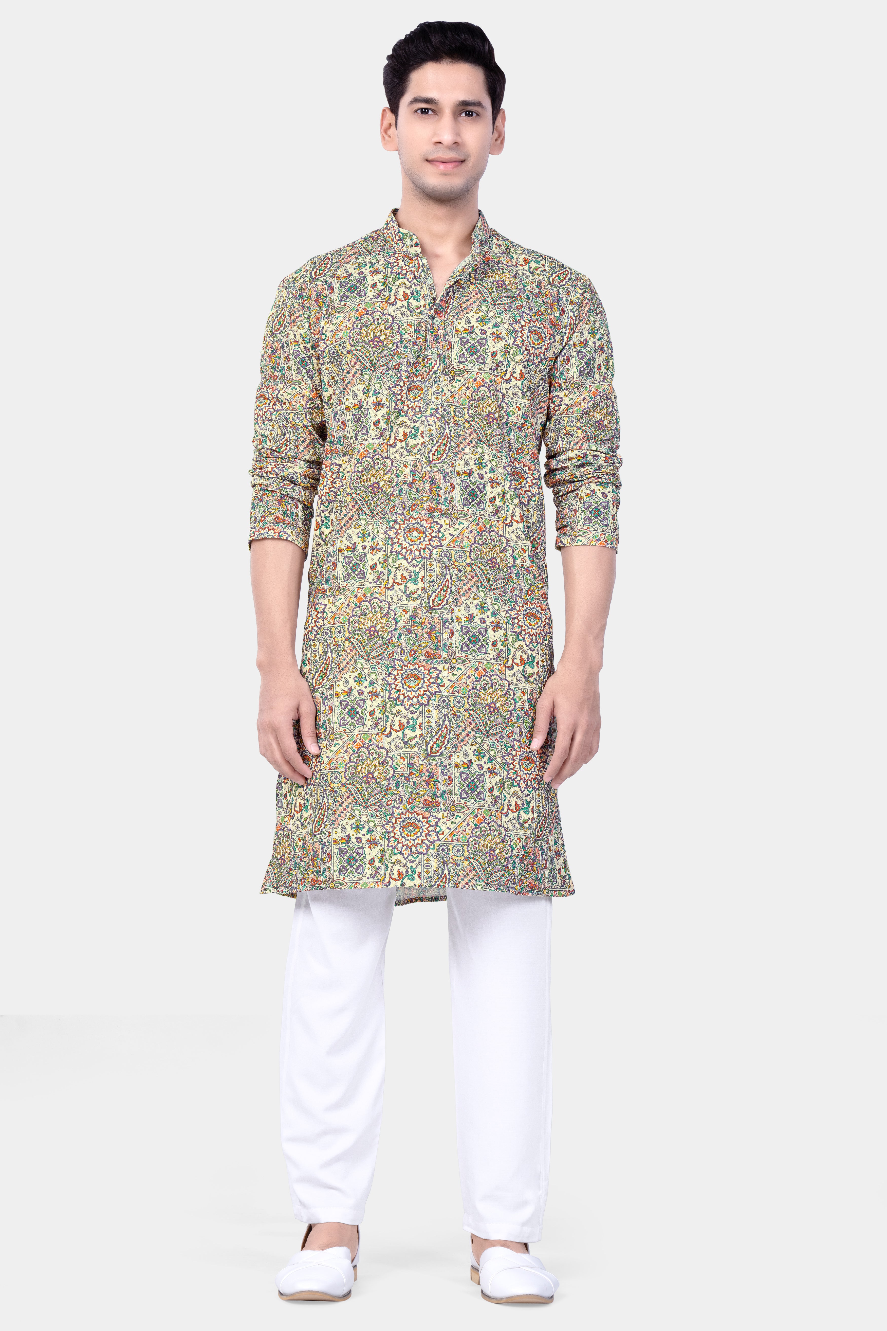 Eggshell Cream And Faded Purple MultiColour Embroidered Kurta