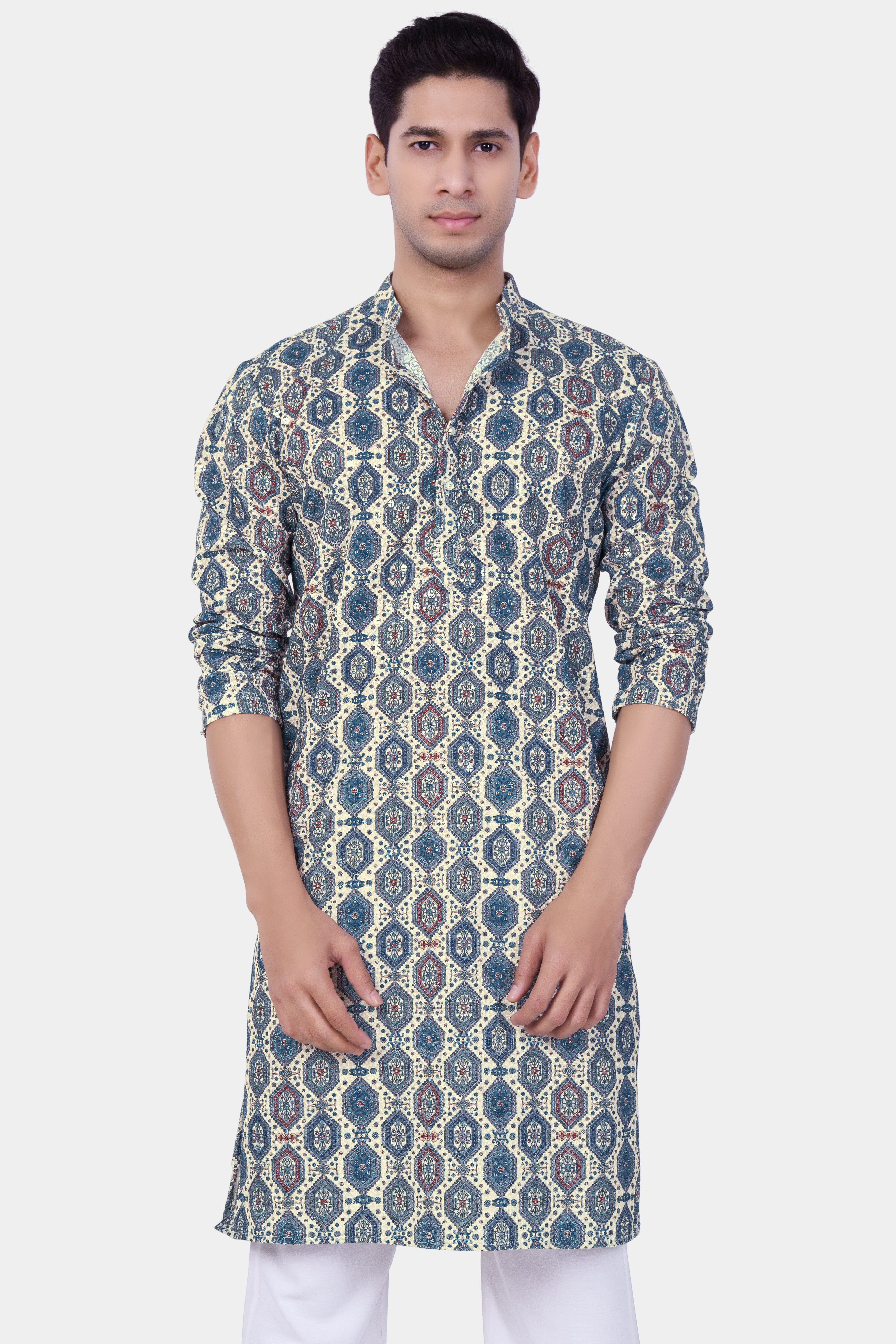 Bluish blue Thread Embroidered Kurta