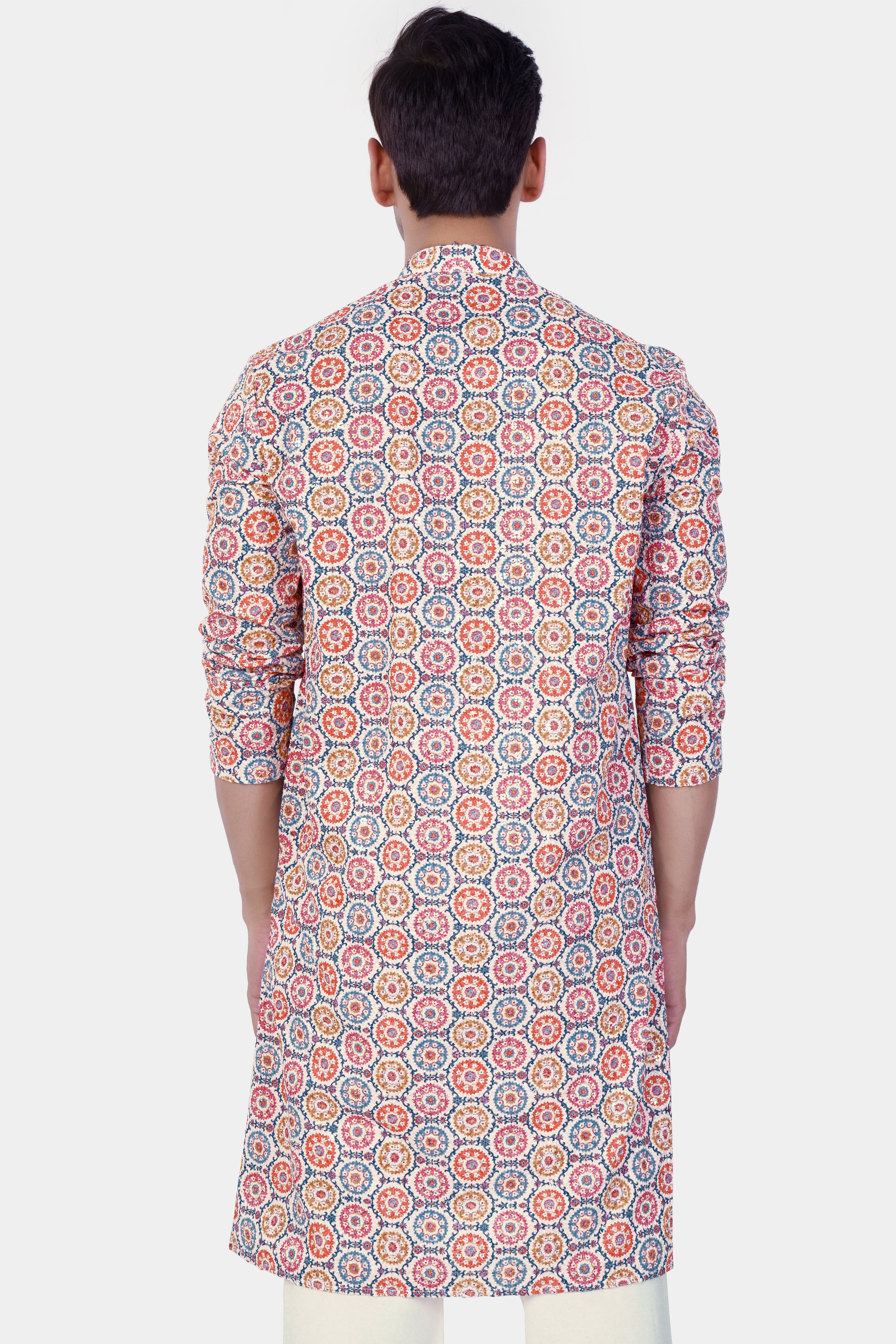 Bright White And Cyan Blue Multicolour Thread Embroidered Kurta