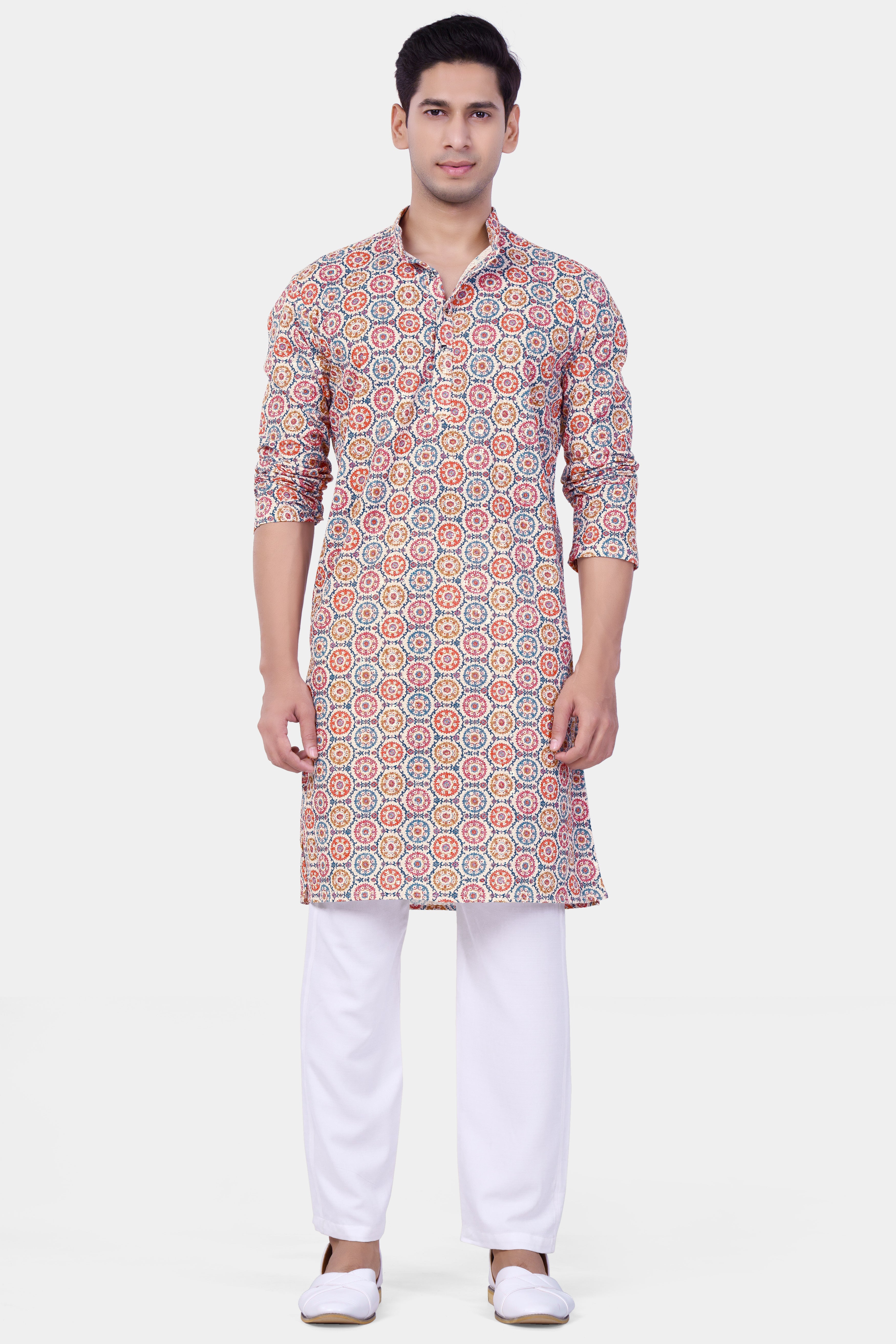 Bright White And Cyan Blue Multicolour Thread Embroidered Kurta