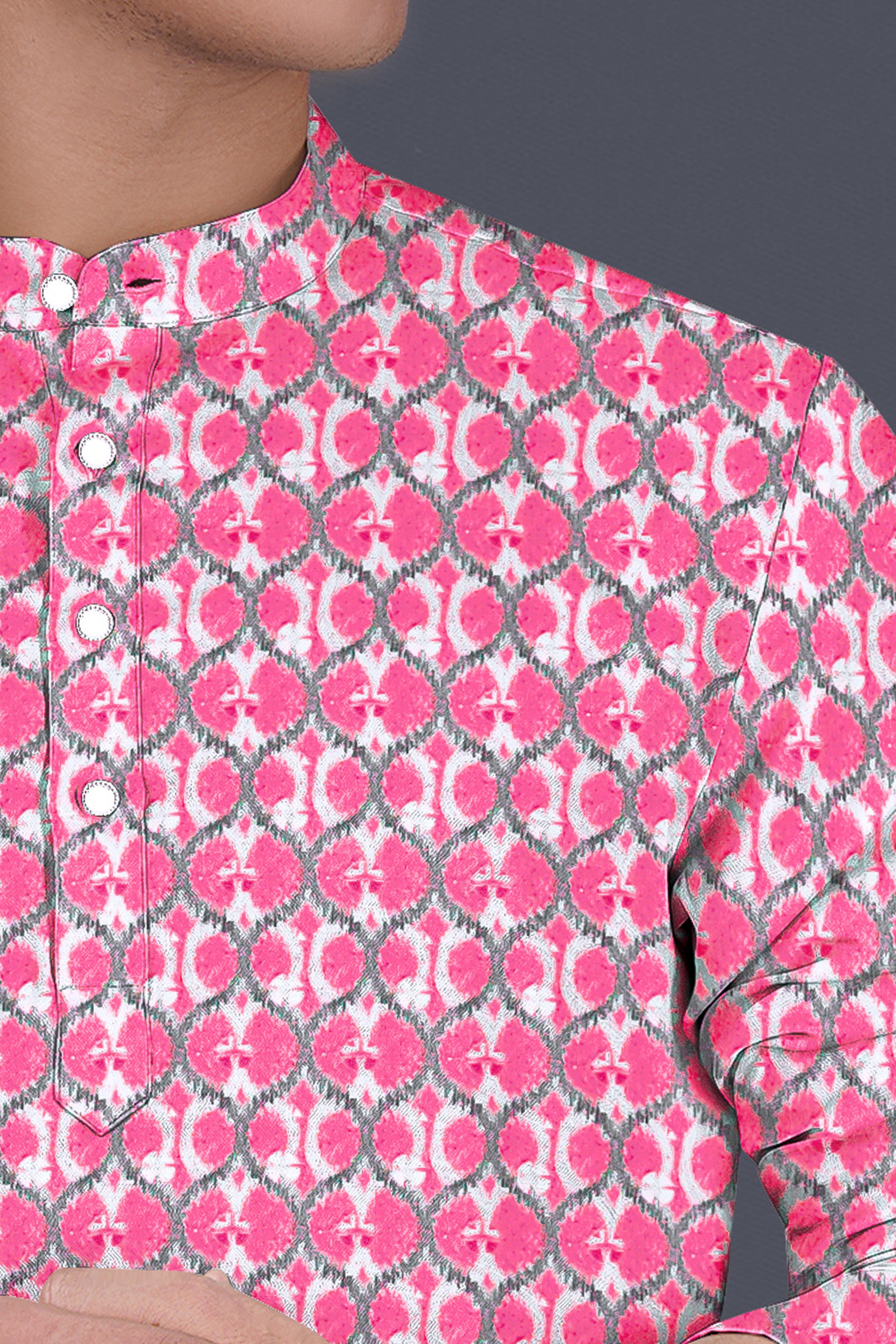 French Rose Pink And Bright White Designer Embroidered Kurta