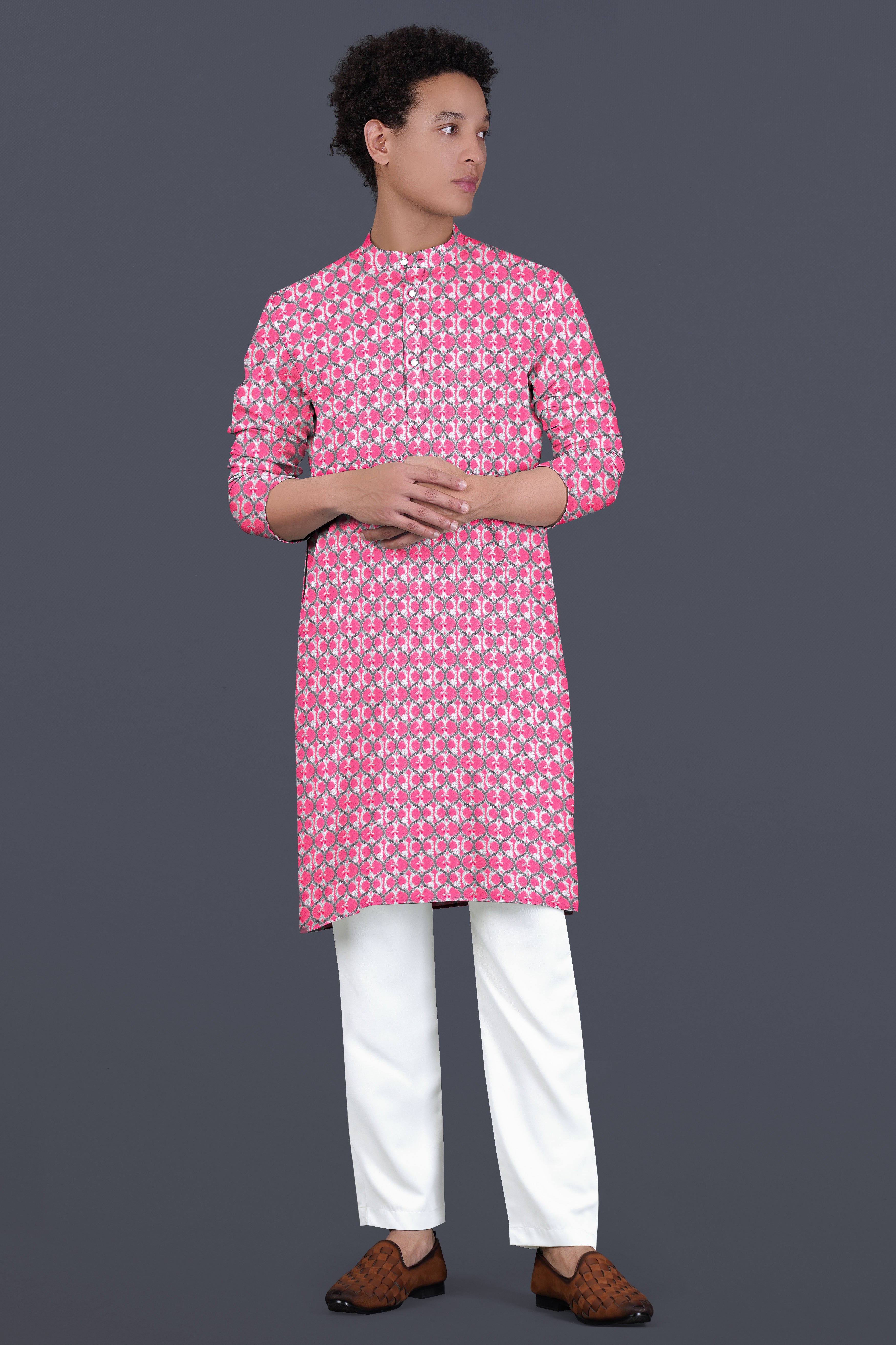 French Rose Pink And Bright White Designer Embroidered Kurta