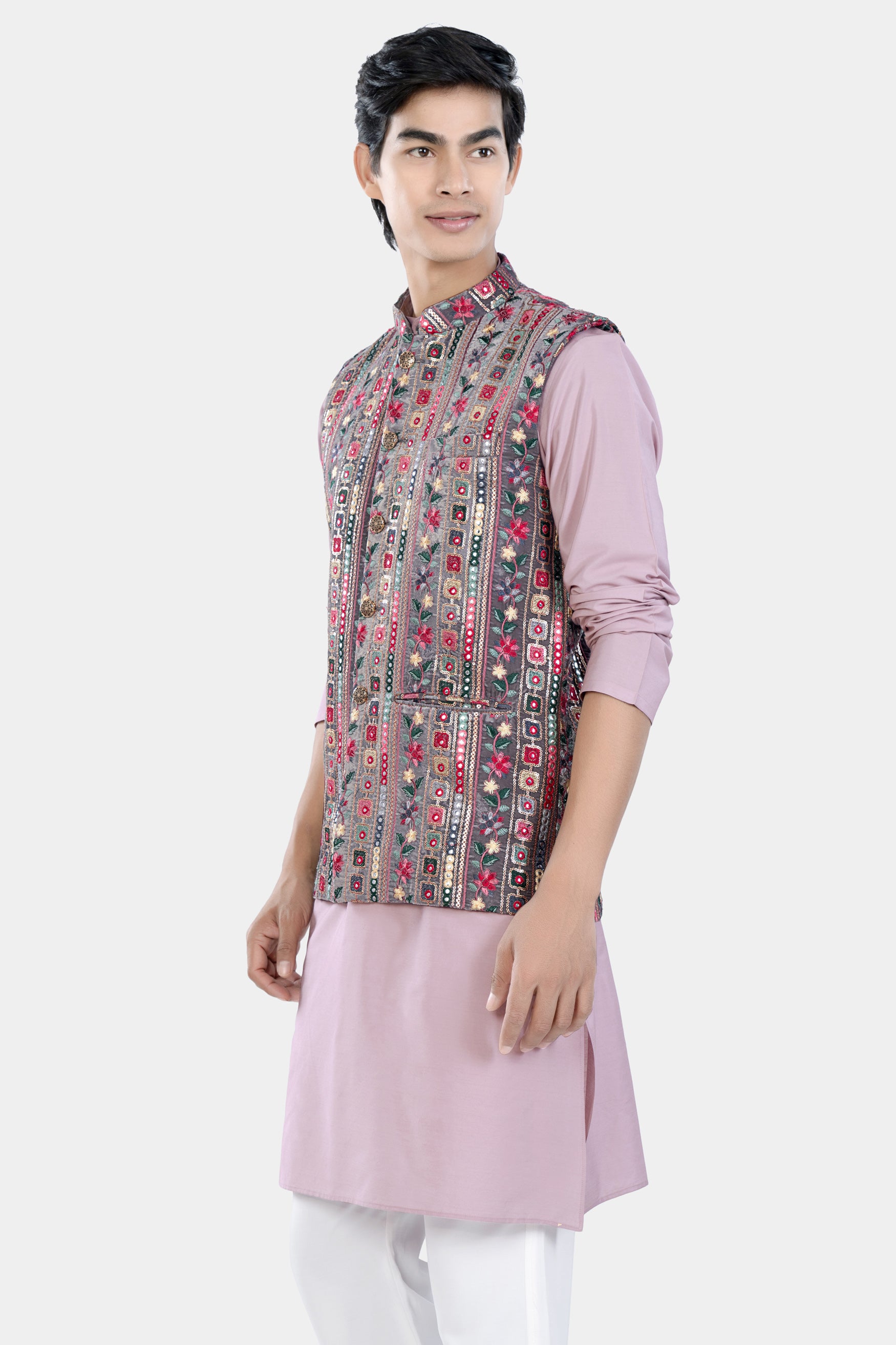 Thistle Pink Kurta Set with Fedora Gray and Carmine Pink Thread and Sequin Embroidered with Mirrorwork Designer Nehru Jacket KPNJ012-44,  KPNJ012-46,  KPNJ012-48,  KPNJ012-50,  KPNJ012-52,  KPNJ012-54,  KPNJ012-56,  KPNJ012-58,  KPNJ012-60