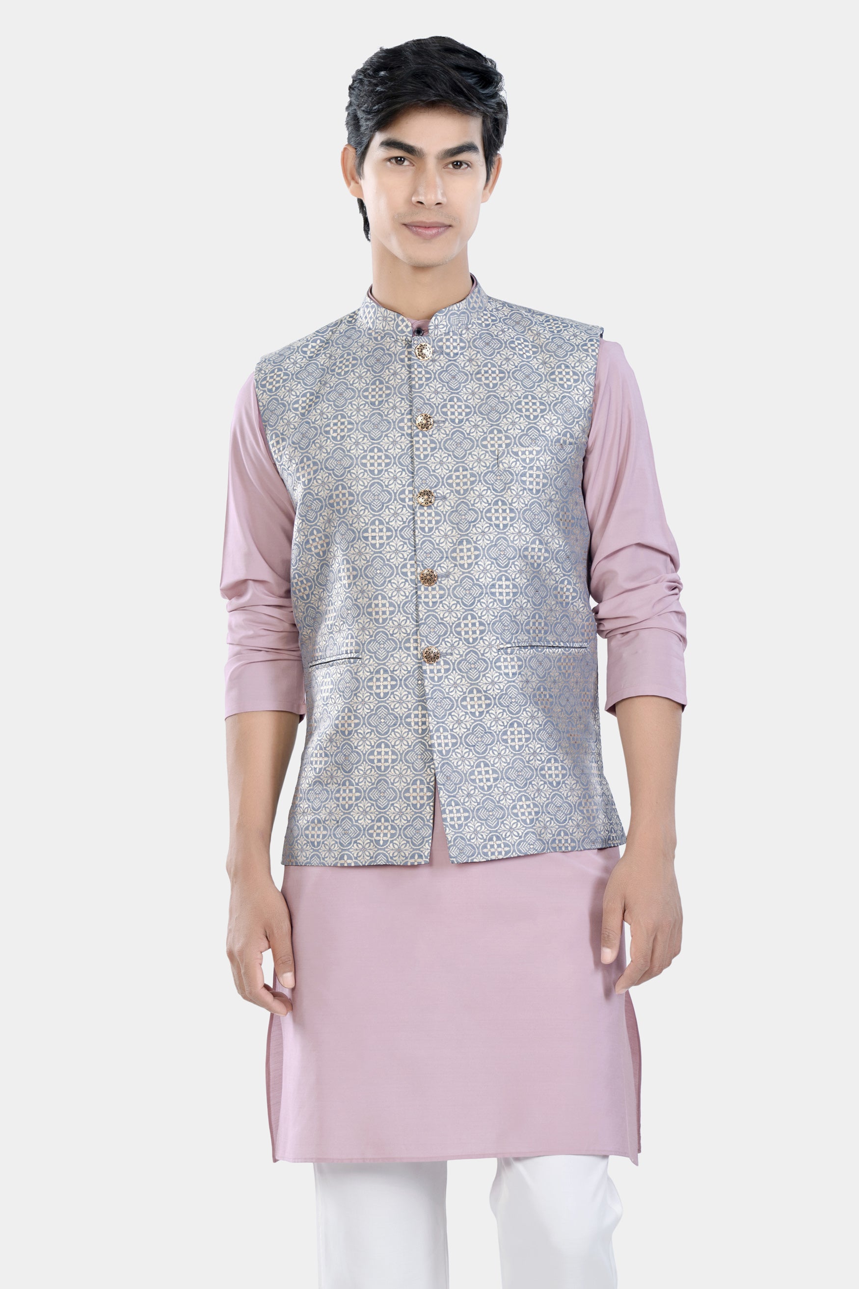 Thistle Pink Kurta Set with Cadet Blue and White Moroccan Jacquard Textured Designer Nehru Jacket KPNJ014-44,  KPNJ014-46,  KPNJ014-48,  KPNJ014-50,  KPNJ014-52,  KPNJ014-54,  KPNJ014-56,  KPNJ014-58,  KPNJ014-60