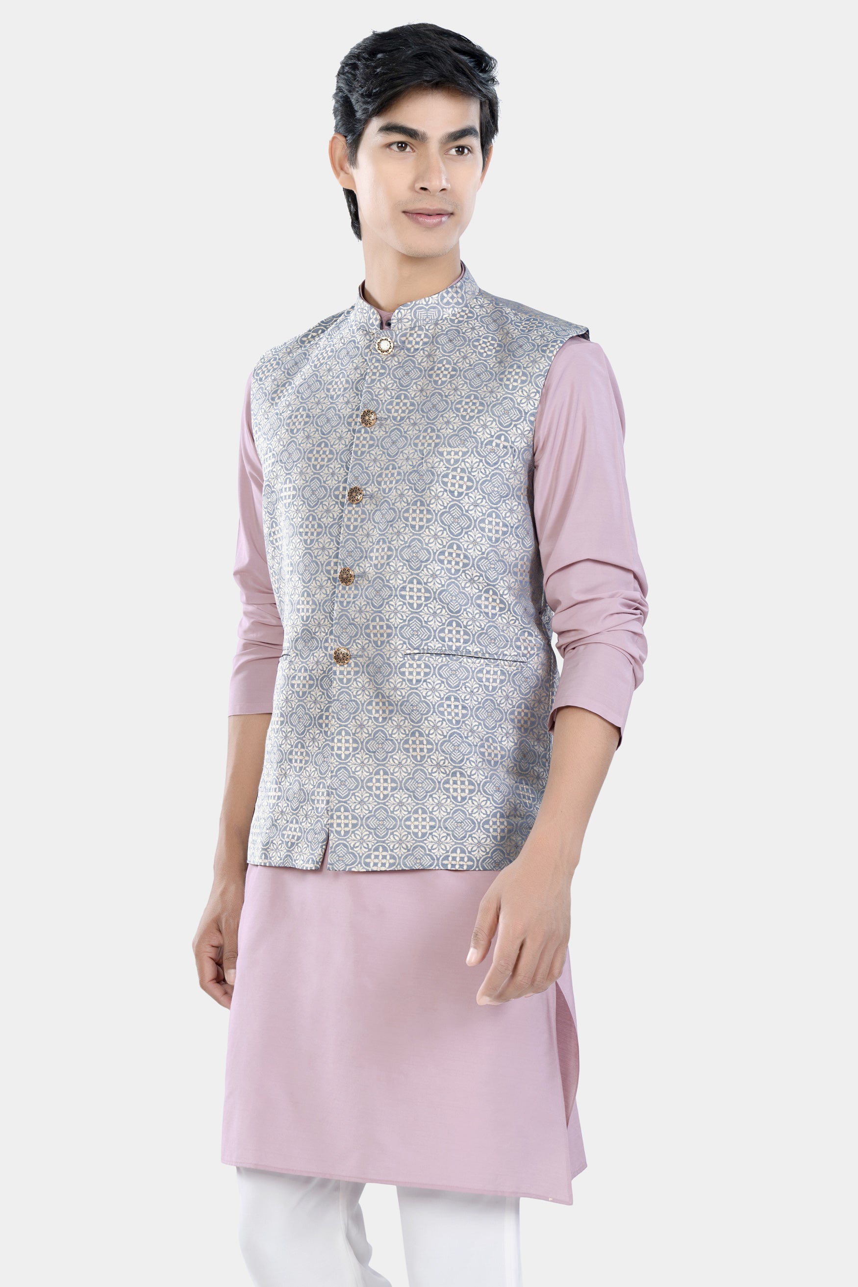 Thistle Pink Kurta Set with Cadet Blue and White Moroccan Jacquard Textured Designer Nehru Jacket KPNJ014-44,  KPNJ014-46,  KPNJ014-48,  KPNJ014-50,  KPNJ014-52,  KPNJ014-54,  KPNJ014-56,  KPNJ014-58,  KPNJ014-60