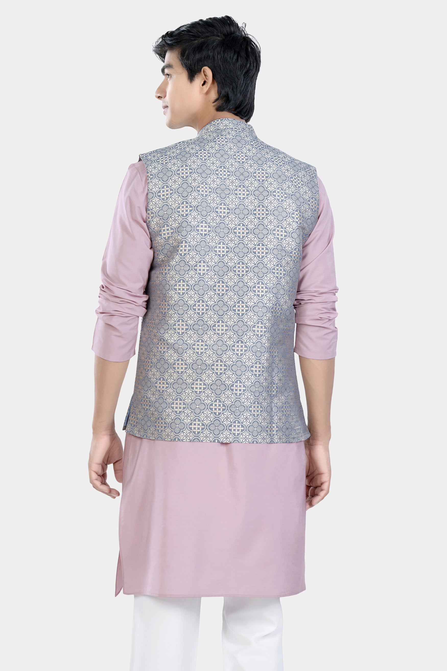 Thistle Pink Kurta Set with Cadet Blue and White Moroccan Jacquard Textured Designer Nehru Jacket KPNJ014-44,  KPNJ014-46,  KPNJ014-48,  KPNJ014-50,  KPNJ014-52,  KPNJ014-54,  KPNJ014-56,  KPNJ014-58,  KPNJ014-60