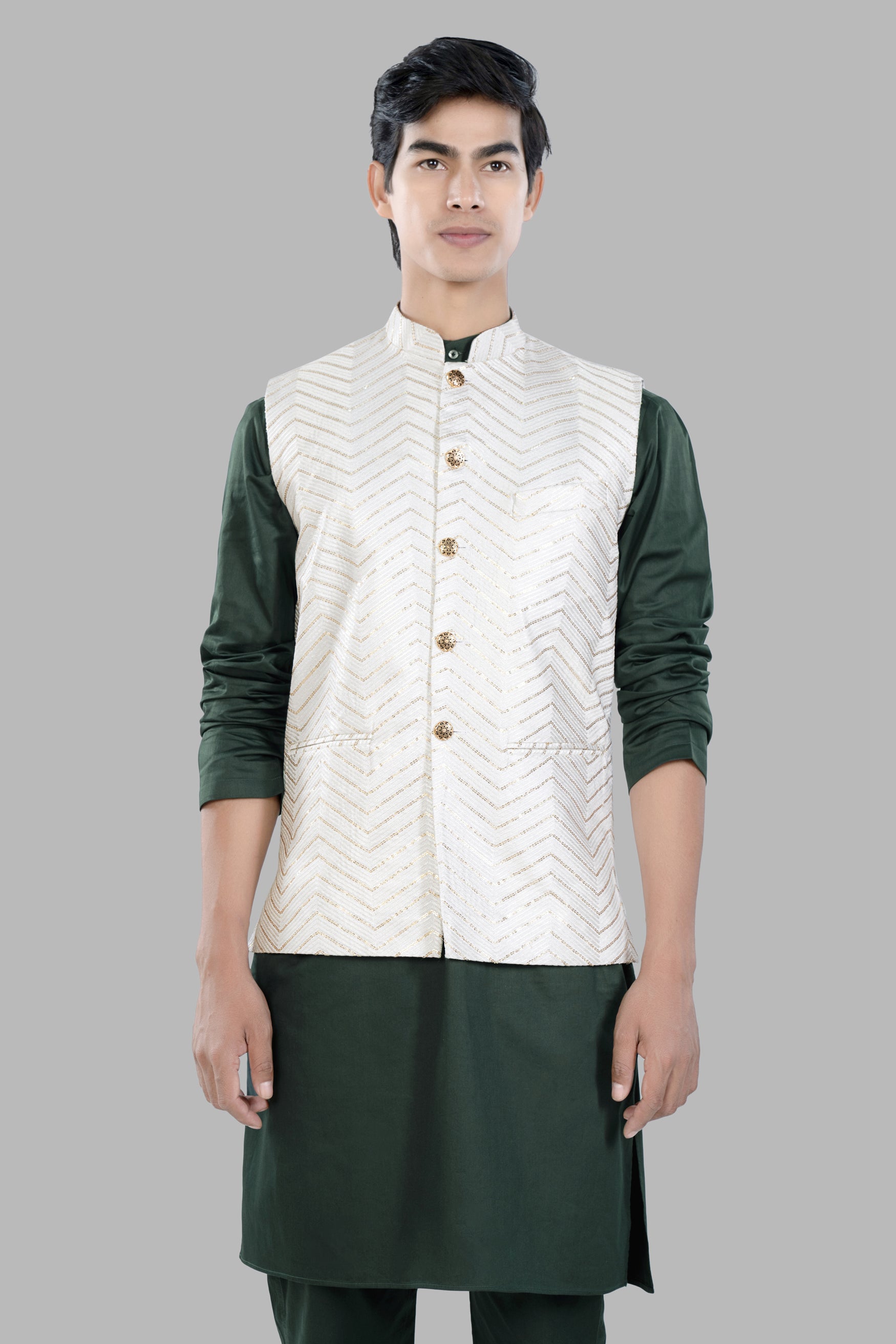 Timber Green Kurta Set with Bright White Chevron Sequin and Thread Embroidered Designer Nehru Jacket KPNJ020-44, KPNJ020-46, KPNJ020-48, KPNJ020-50, KPNJ020-52, KPNJ020-54, KPNJ020-56, KPNJ020-58, KPNJ020-60