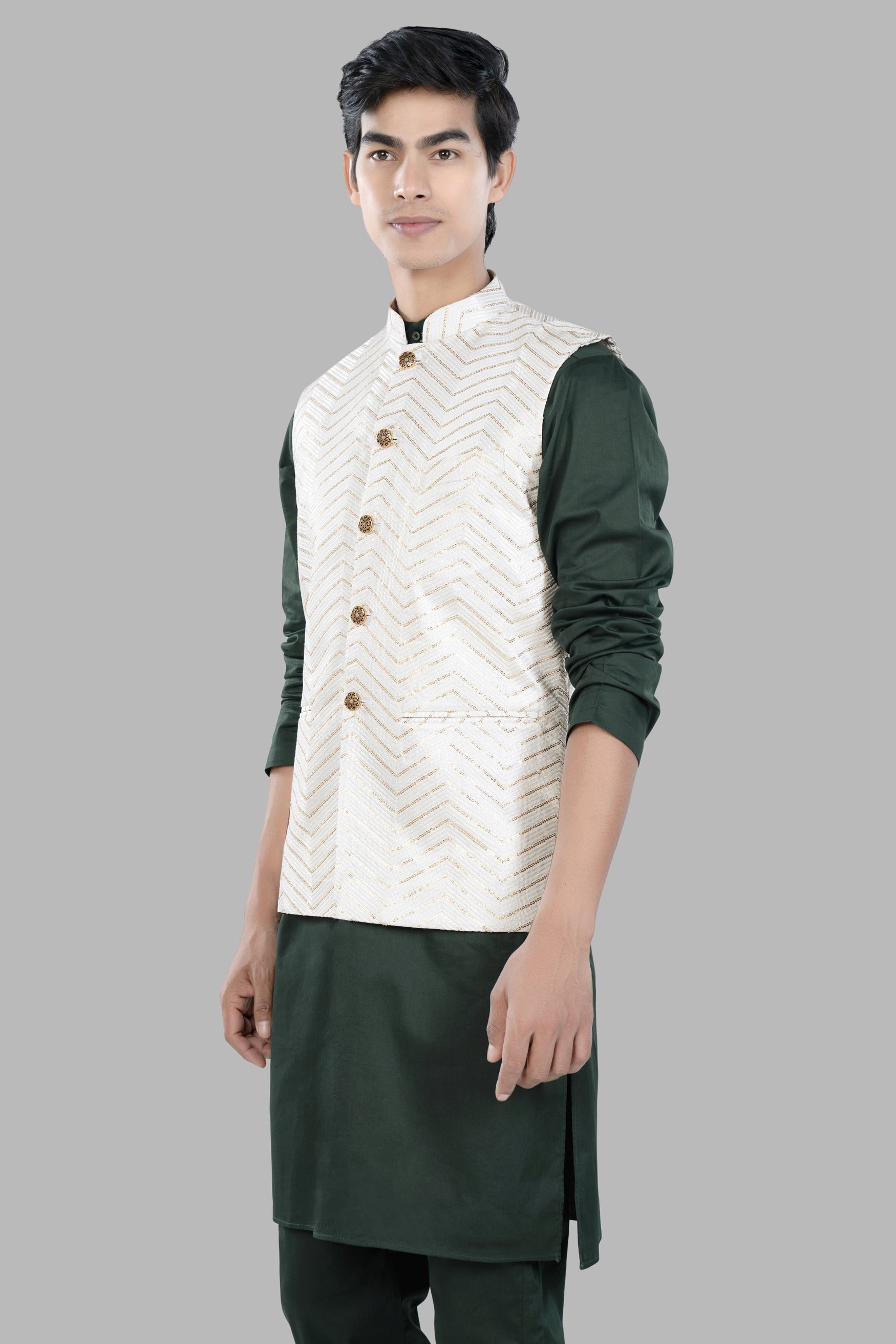 Timber Green Kurta Set with Bright White Chevron Sequin and Thread Embroidered Designer Nehru Jacket KPNJ020-44, KPNJ020-46, KPNJ020-48, KPNJ020-50, KPNJ020-52, KPNJ020-54, KPNJ020-56, KPNJ020-58, KPNJ020-60