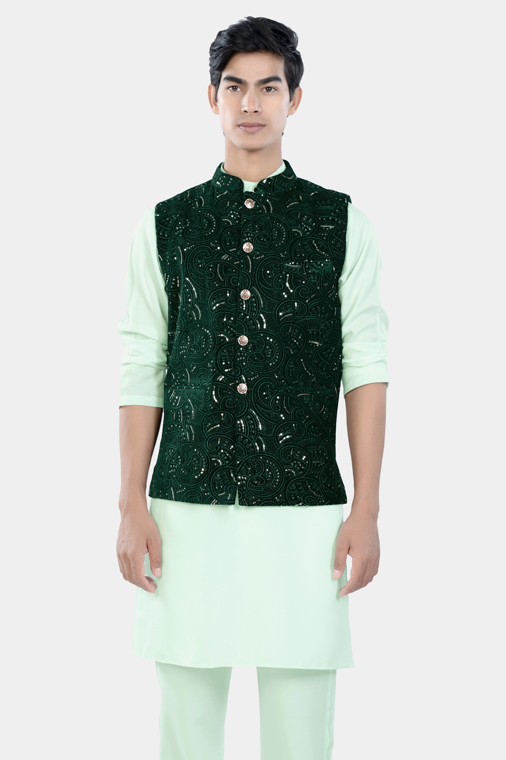Periglacial Green Kurta Set with Palm and Jewel Green Sequin and Thread Embroidered Designer Nehru Jacket KPNJ024-44,  KPNJ024-46,  KPNJ024-48,  KPNJ024-50,  KPNJ024-52,  KPNJ024-54,  KPNJ024-56,  KPNJ024-58,  KPNJ024-60