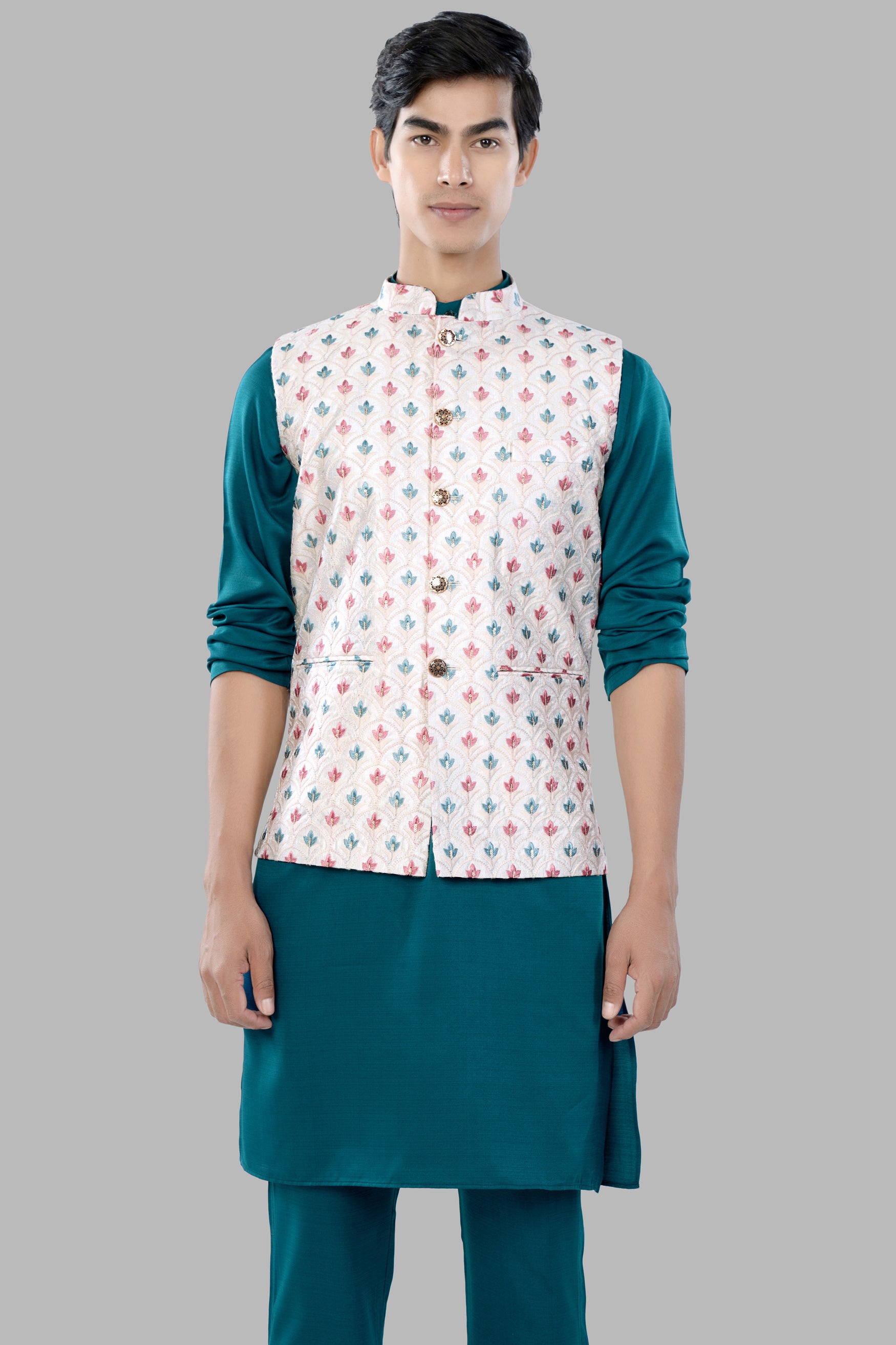 Sherpa Blue Kurta Set with Merino Cream and Celeste Blue Leaves Thread Embroidered Designer Nehru Jacket KPNJ030-44,  KPNJ030-46,  KPNJ030-48,  KPNJ030-50,  KPNJ030-52,  KPNJ030-54,  KPNJ030-56,  KPNJ030-58,  KPNJ030-60