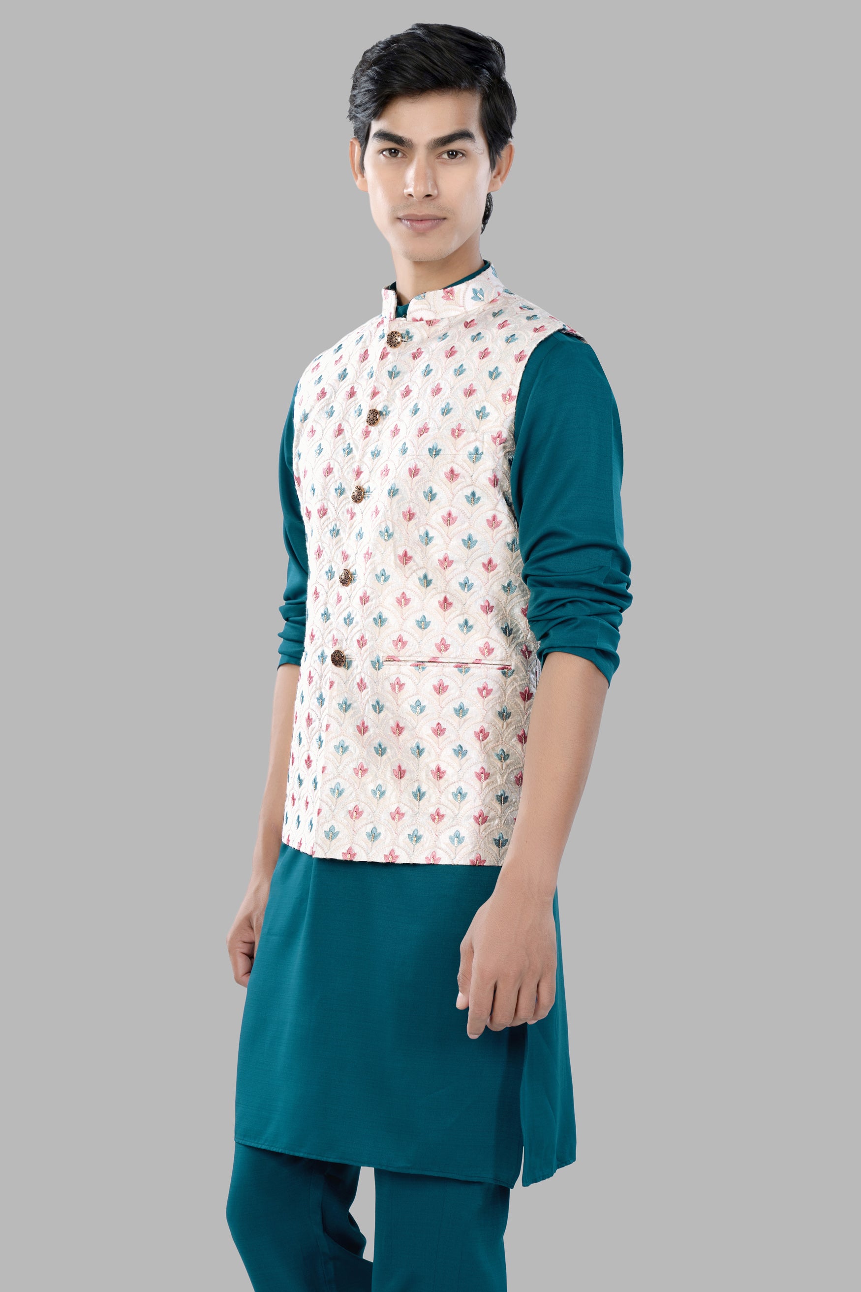 Sherpa Blue Kurta Set with Merino Cream and Celeste Blue Leaves Thread Embroidered Designer Nehru Jacket KPNJ030-44,  KPNJ030-46,  KPNJ030-48,  KPNJ030-50,  KPNJ030-52,  KPNJ030-54,  KPNJ030-56,  KPNJ030-58,  KPNJ030-60