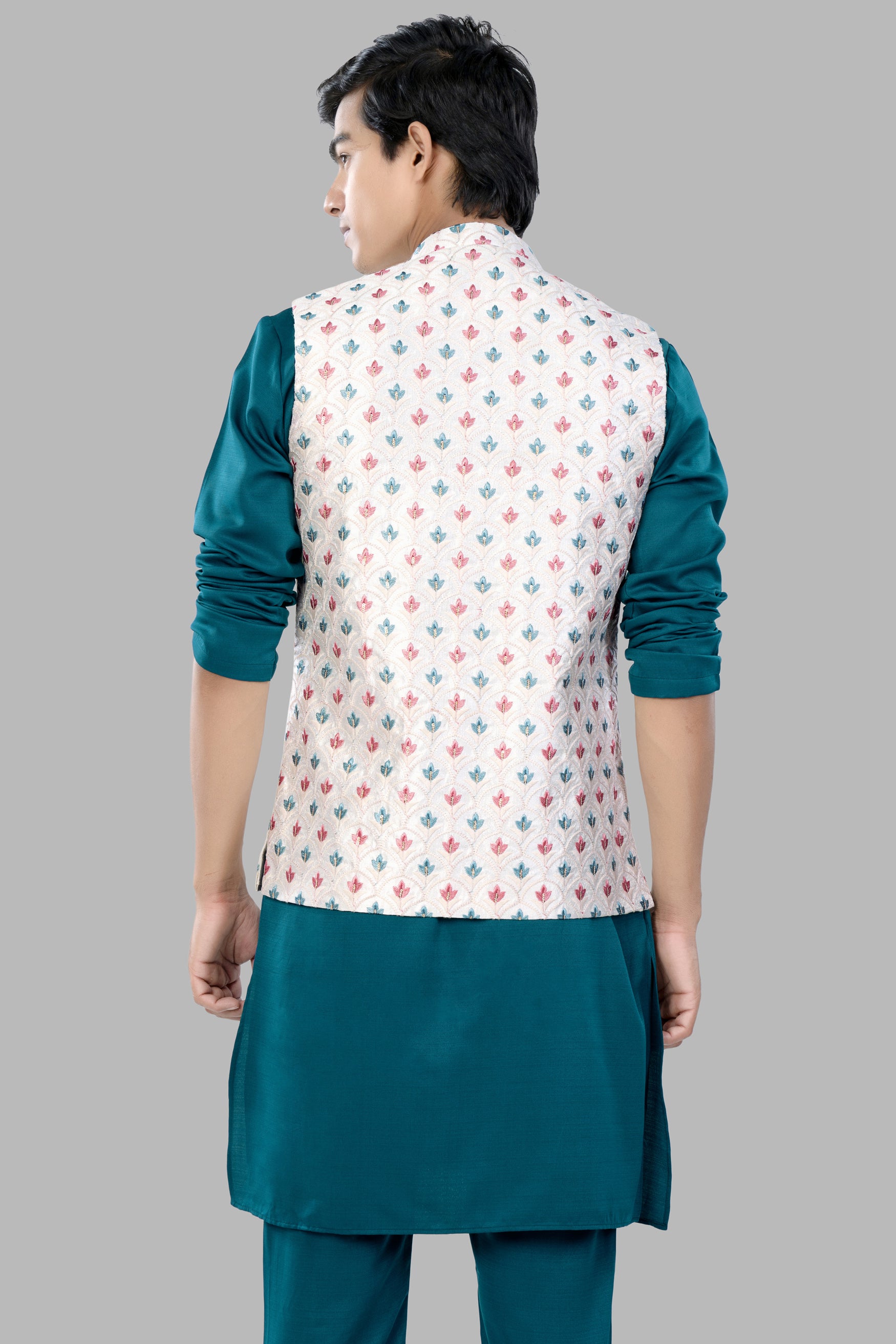 Sherpa Blue Kurta Set with Merino Cream and Celeste Blue Leaves Thread Embroidered Designer Nehru Jacket KPNJ030-44,  KPNJ030-46,  KPNJ030-48,  KPNJ030-50,  KPNJ030-52,  KPNJ030-54,  KPNJ030-56,  KPNJ030-58,  KPNJ030-60