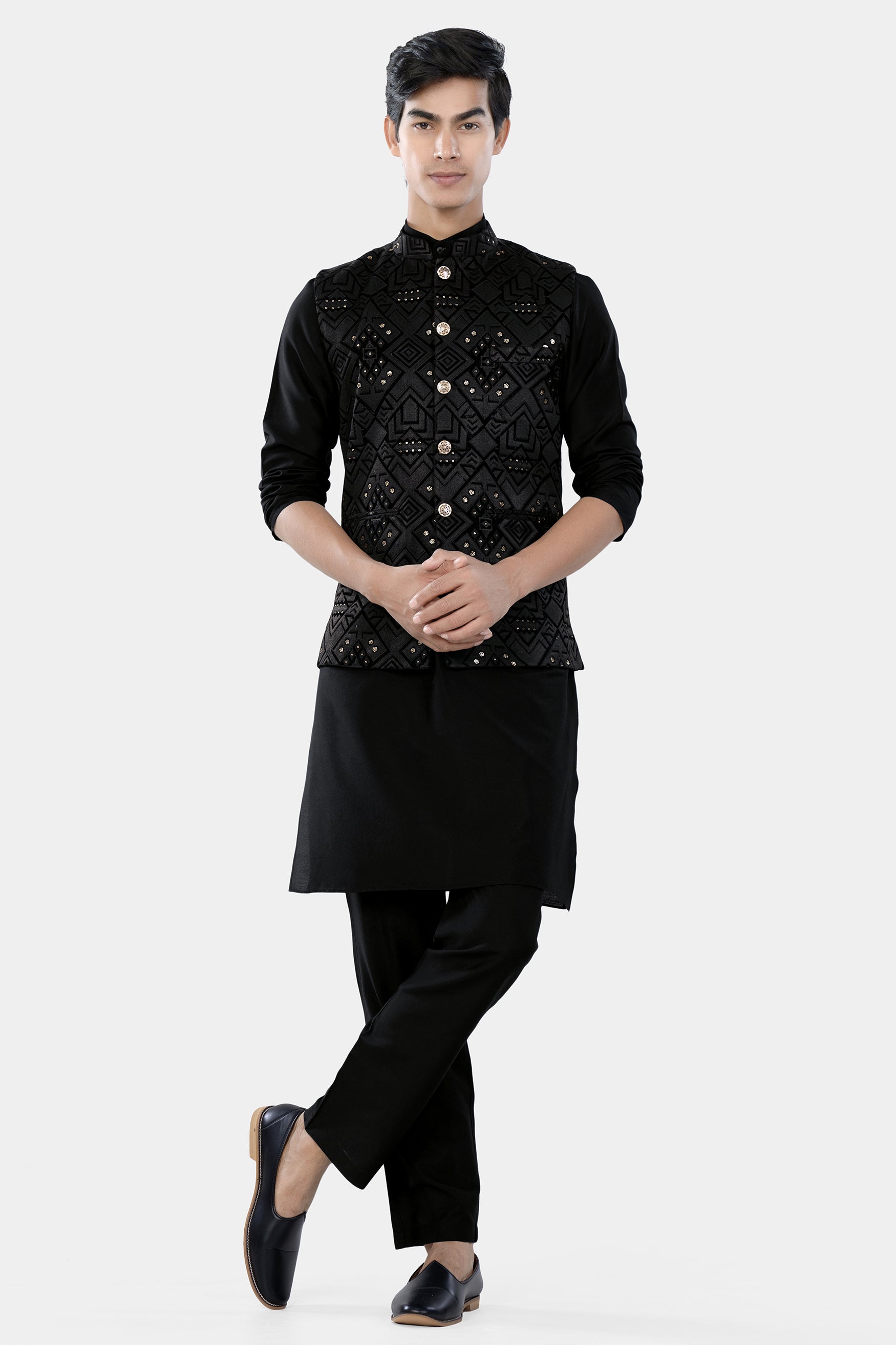 Jade Black Kurta Set with Jade Black Geometric Sequin and Thread Embroidered Designer Nehru Jacket KPNJ034-44,  KPNJ034-46,  KPNJ034-48,  KPNJ034-50,  KPNJ034-52,  KPNJ034-54,  KPNJ034-56,  KPNJ034-58,  KPNJ034-60