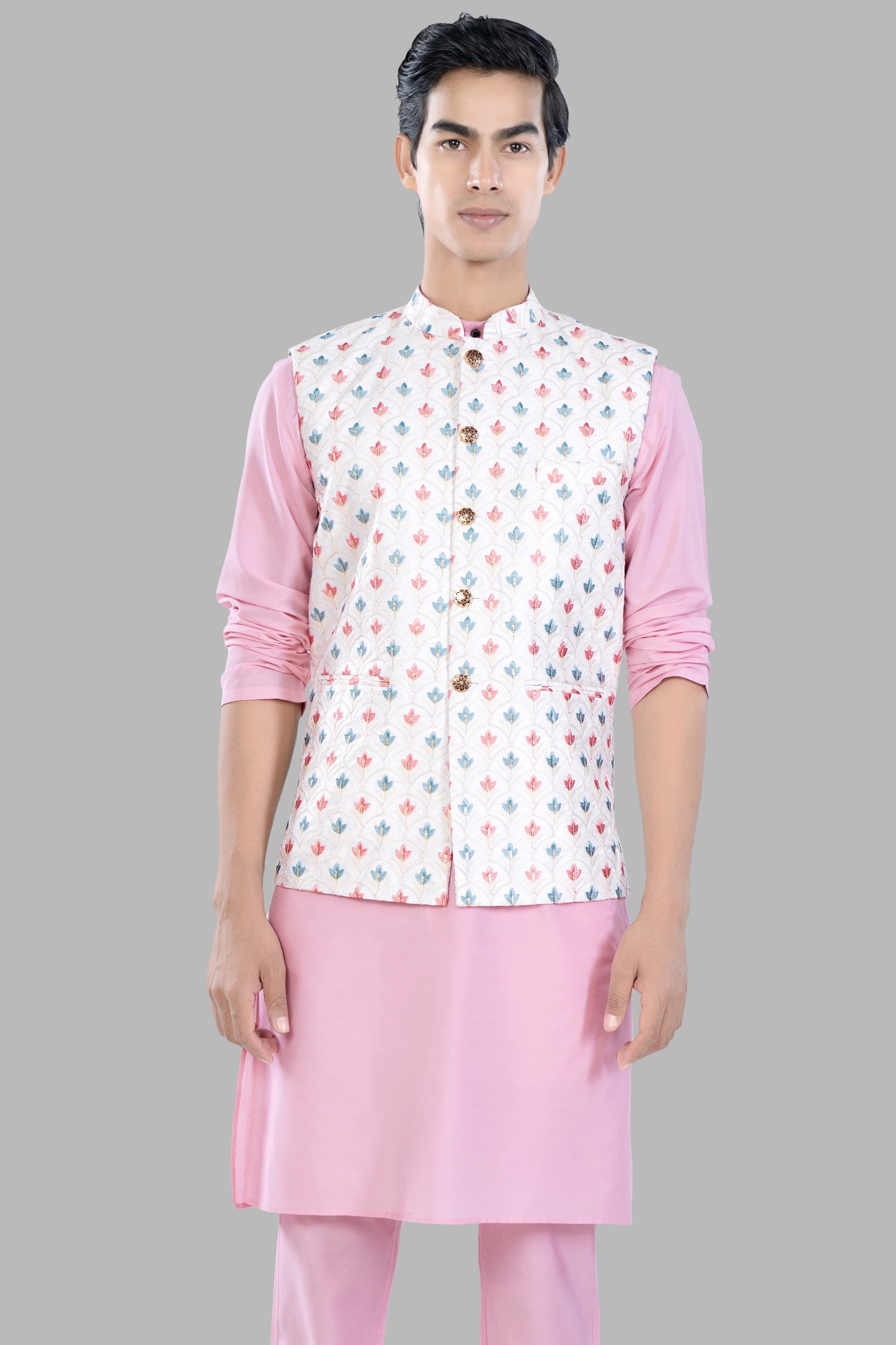 Azalea Pink Kurta Set with Bright White and Carnation Pink Leaves Thread Embroidered Designer Nehru Jacket KPNJ035-44,  KPNJ035-46,  KPNJ035-48,  KPNJ035-50,  KPNJ035-52,  KPNJ035-54,  KPNJ035-56,  KPNJ035-58,  KPNJ035-60