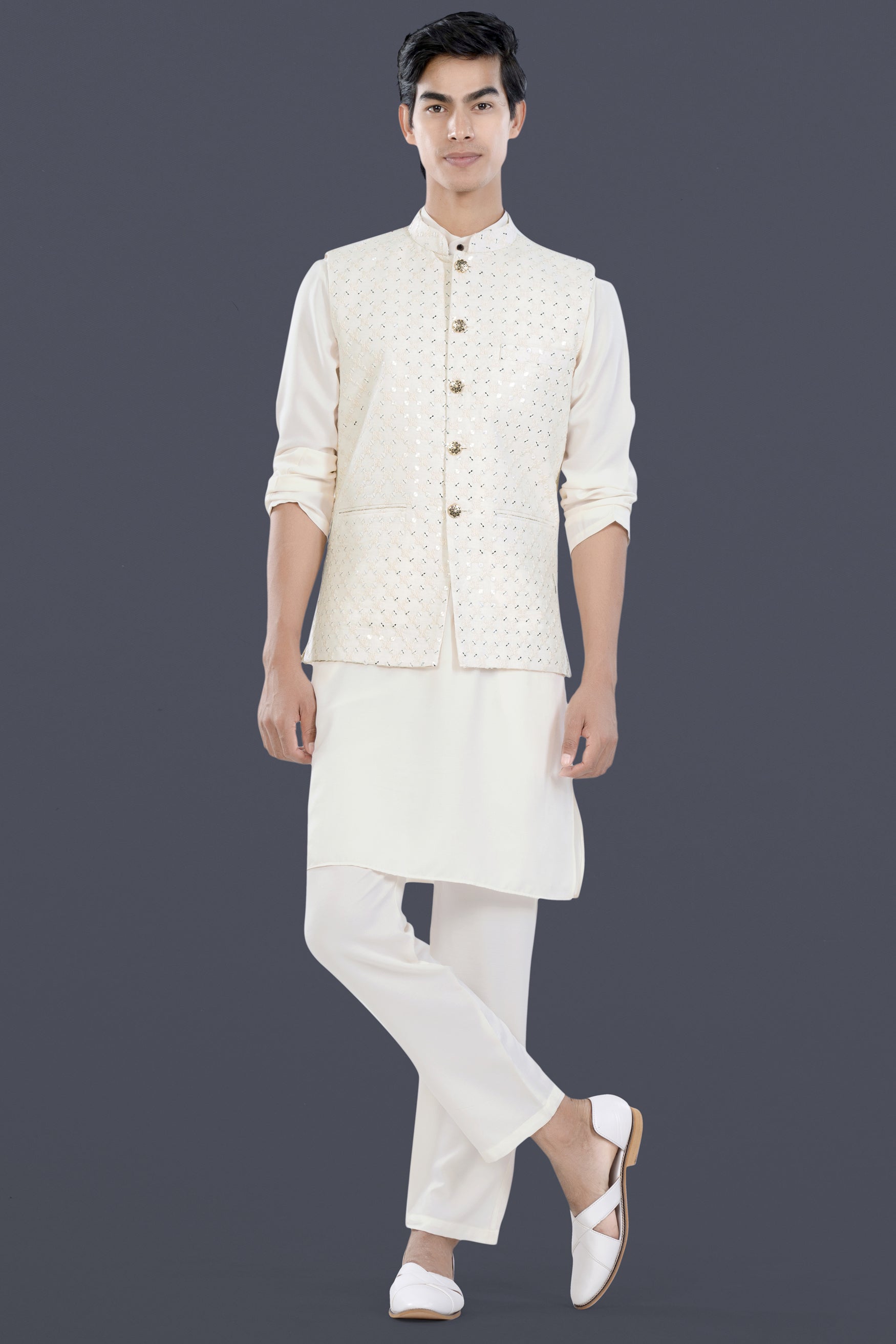 Albescent Cream Textured Premium Polyester Designer Kurta Jacket For Men