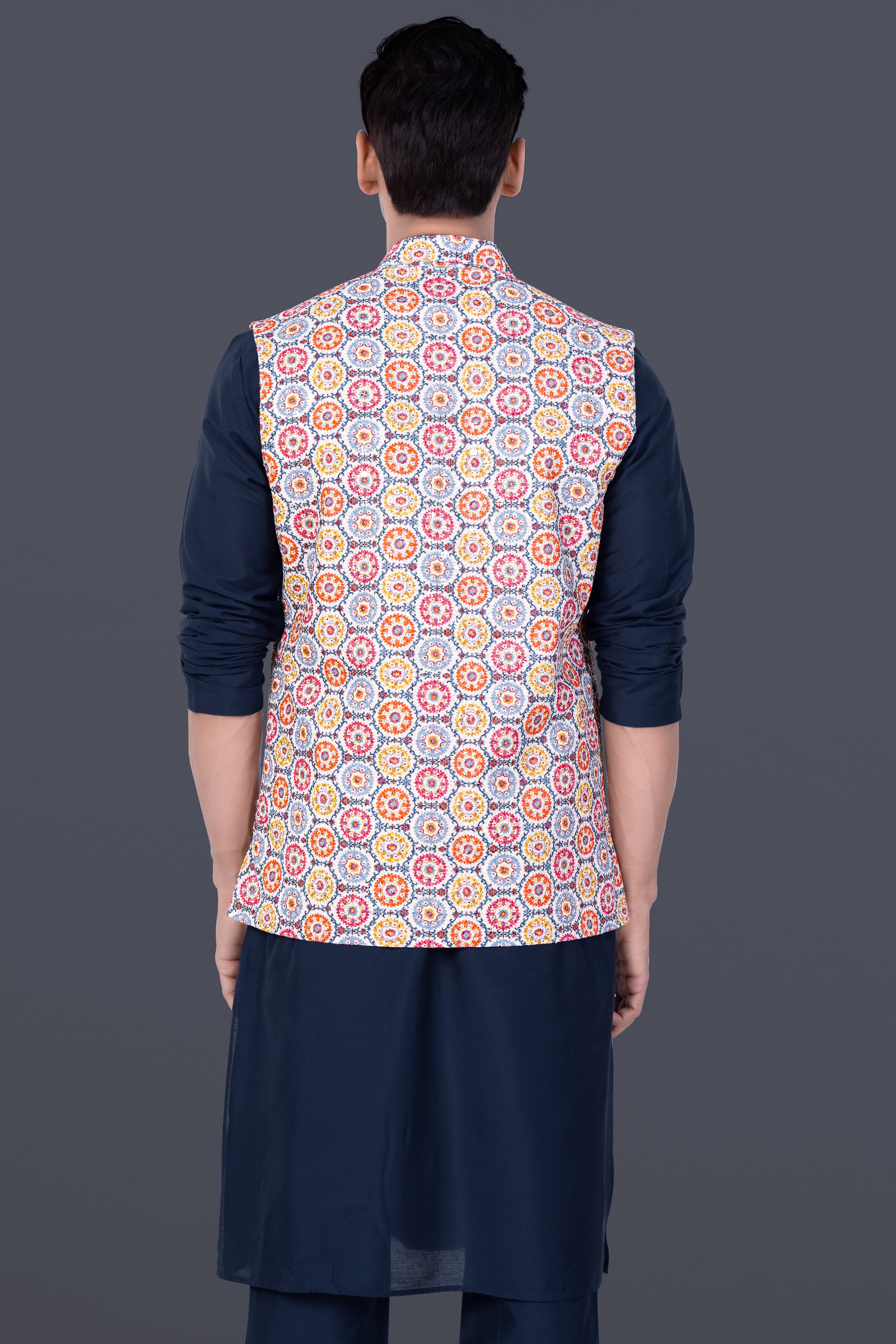 Haiti Blue Kurta Set With Bright White And Cyan Blue Multicolour Thread Embroidered Nehru Jacket