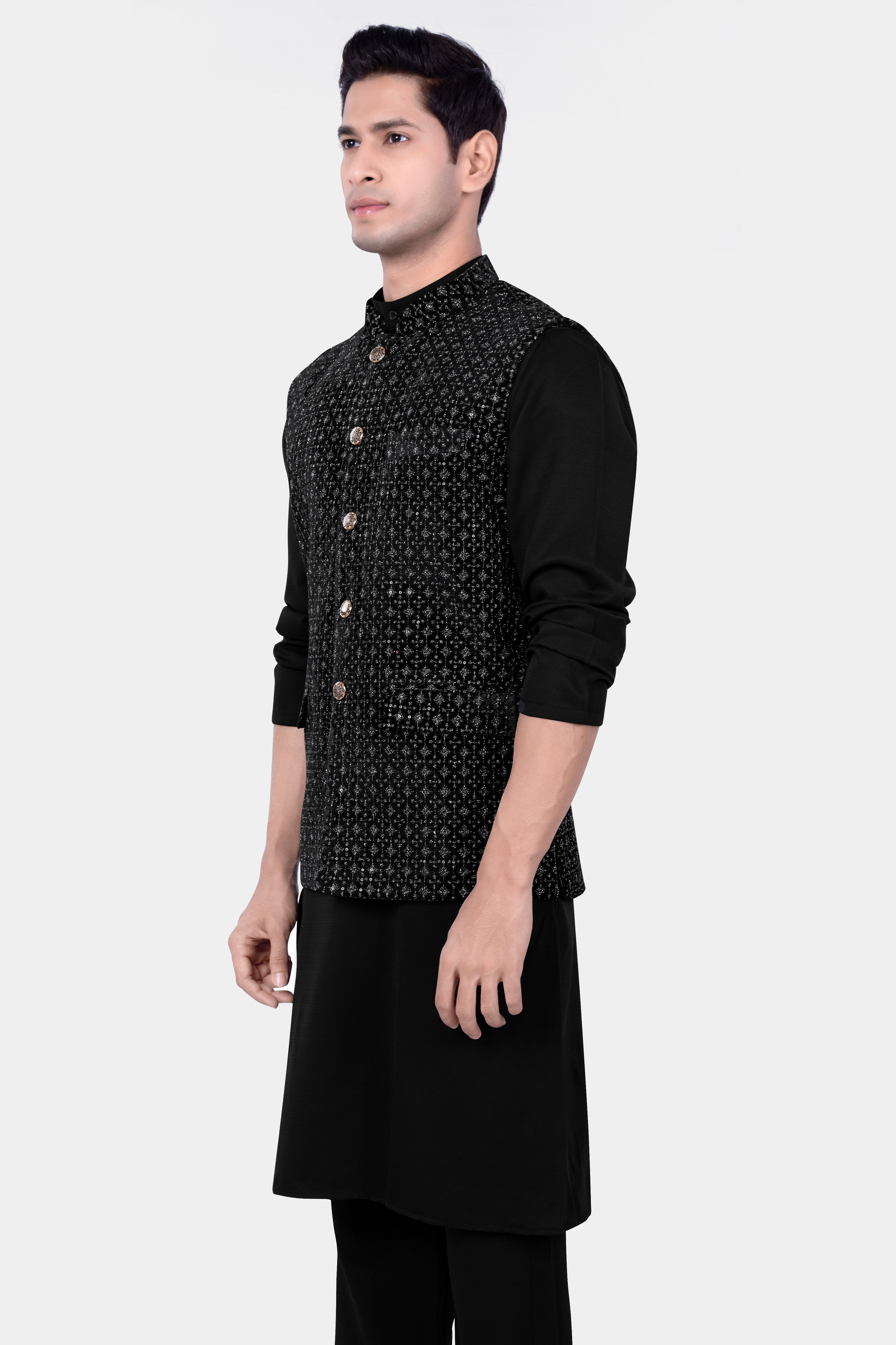 Jade Black Sequin And Thread Embroidered Kurta Nehru Jacket Set