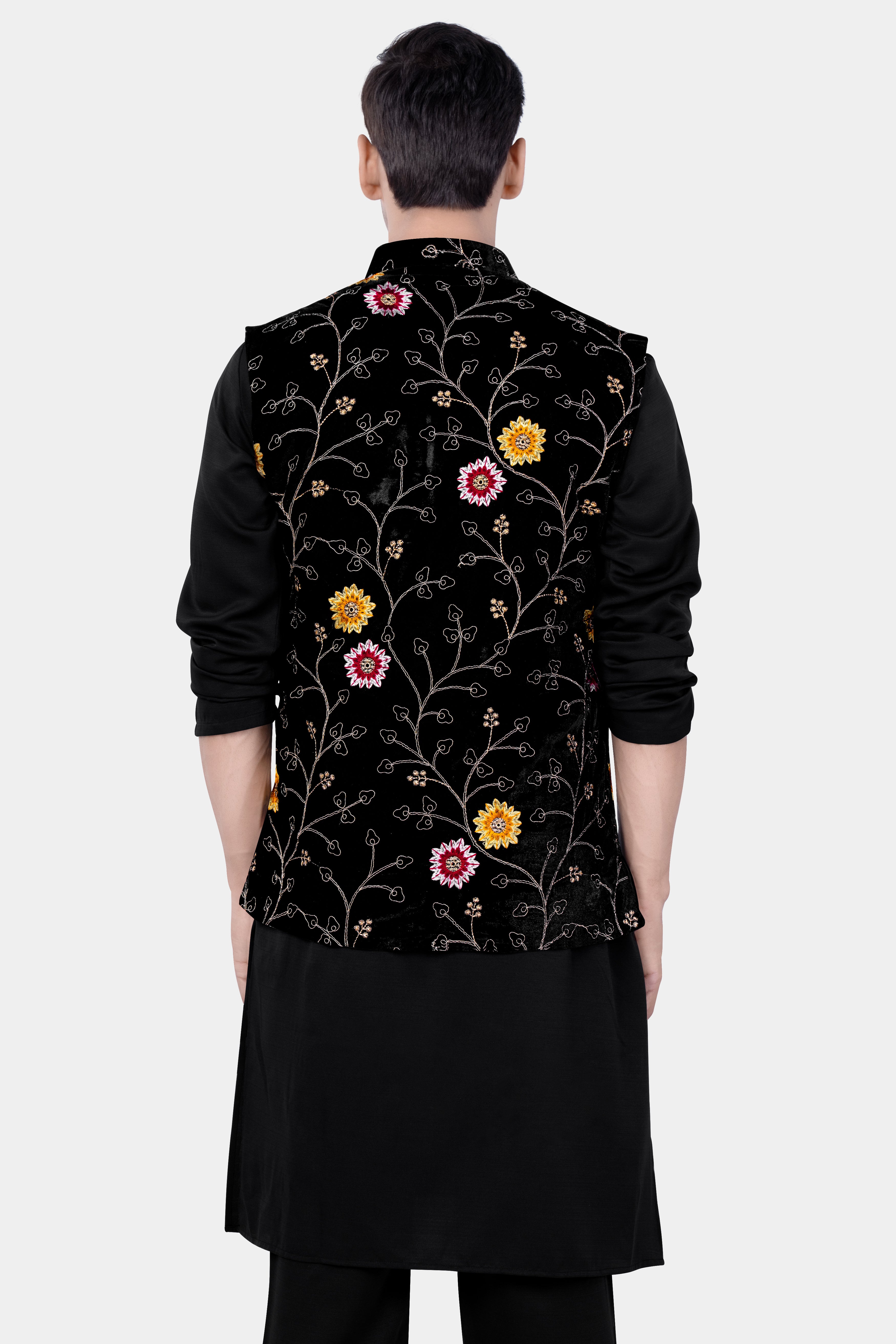 Jade Black And Rose Pink Multicolour Thread Embroidered Kurta Nehru Jacket Set