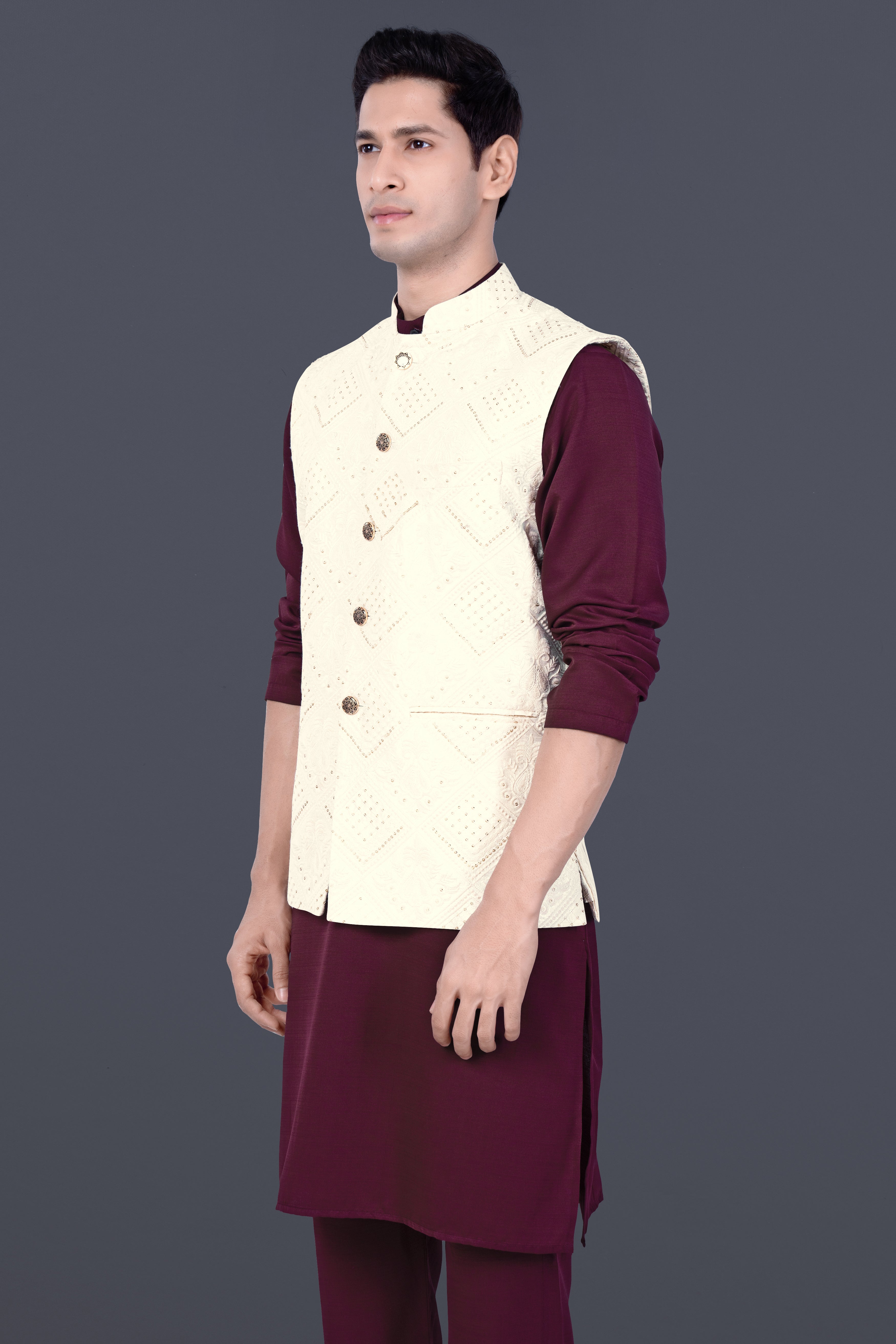 Aubergine Maroon Kurta Set With Eggshell Cream Trellis Sequin And Thread Embroidered Nehru Jacket