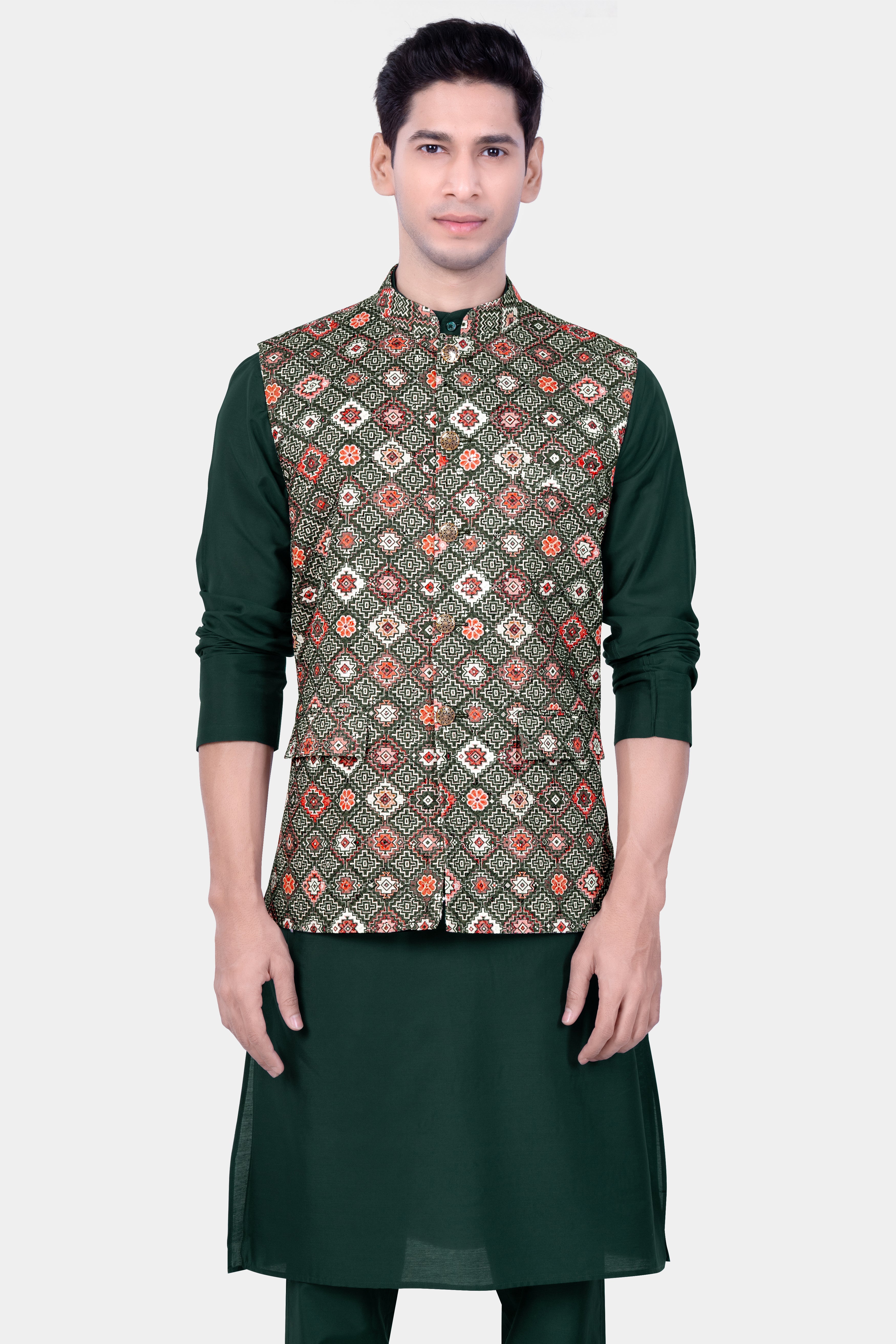 Timber Green Kurta Set With Ironside Green And Rosy Pink Multicolour Thread Embroidered Nehru Jacket