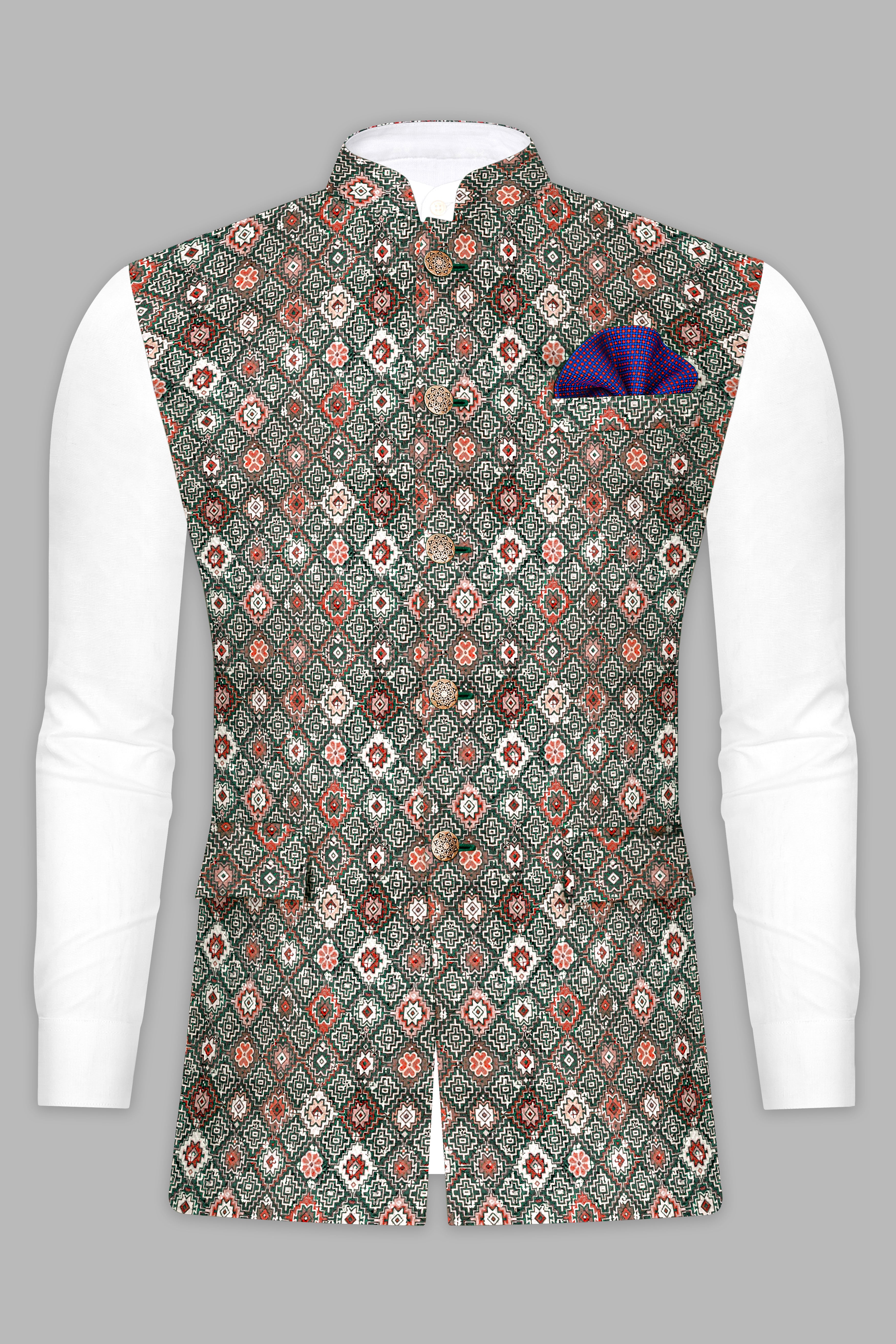 Timber Green Kurta Set With Ironside Green And Rosy Pink Multicolour Thread Embroidered Nehru Jacket